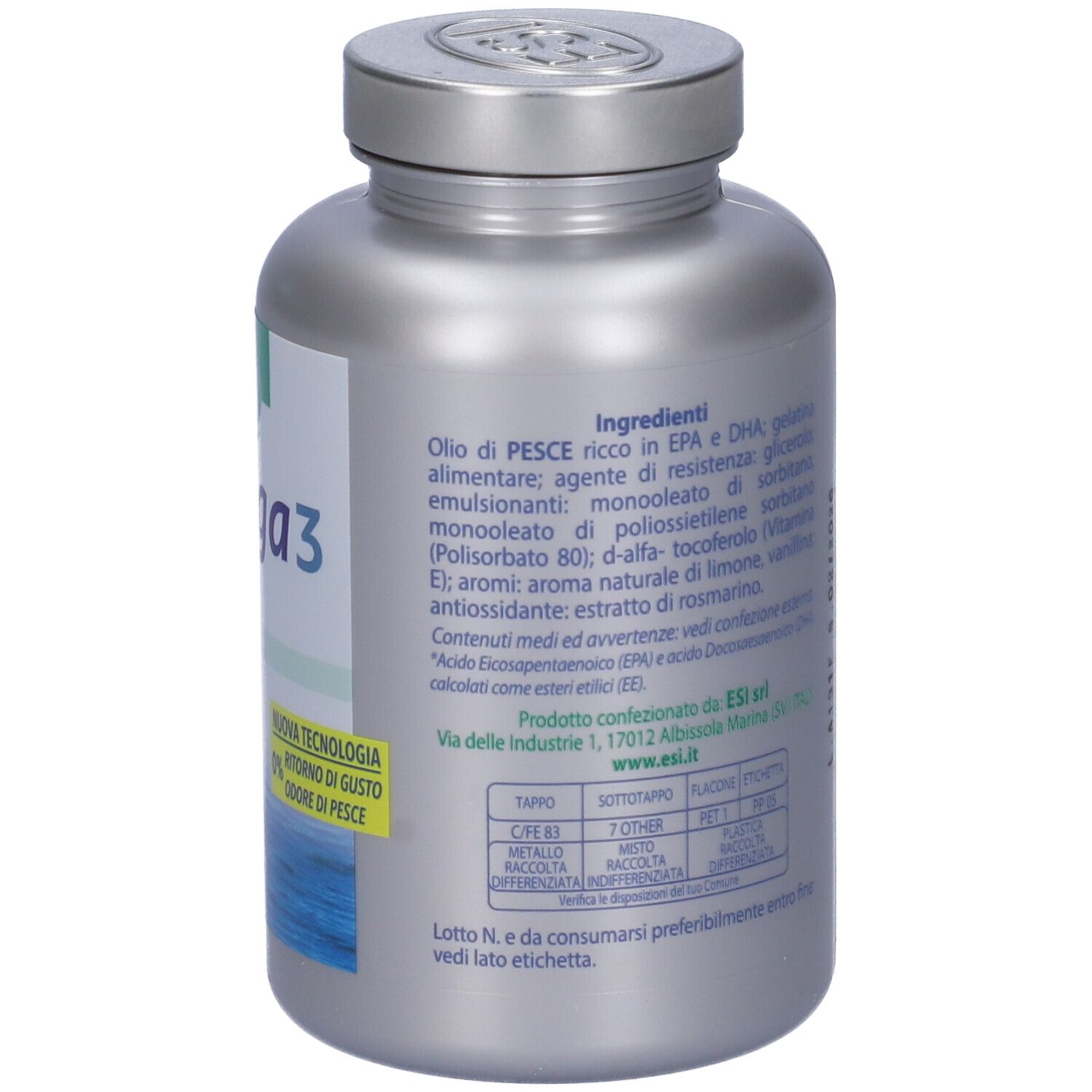 Retro flacone ESI Omega 3. Ingredienti, informazioni produttore, istruzioni riciclo. Informazioni.
