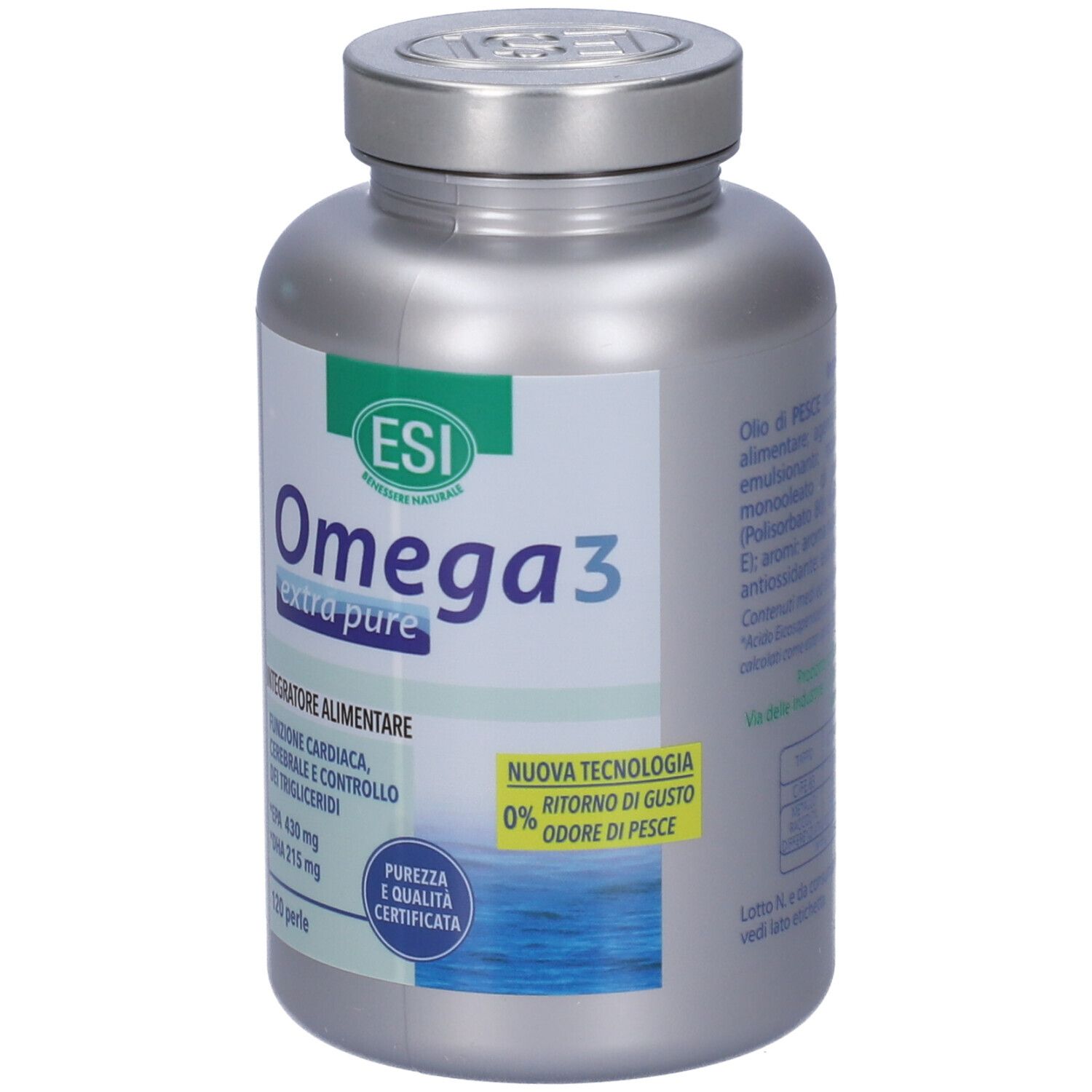 Flacone argento ESI Omega 3 extra pure. 120 perle. Purezza e qualità certificata. Informazioni nutrizionali.
