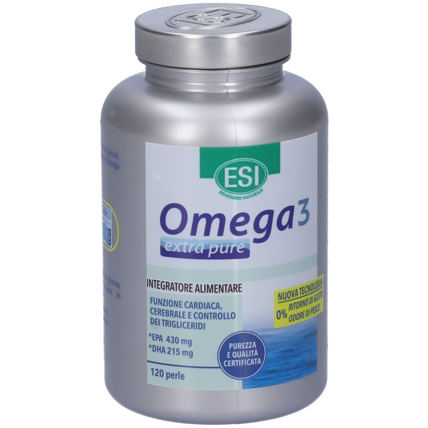 Flacone argento ESI Omega 3 extra pure. 120 perle. Purezza e qualità certificata. Informazioni nutrizionali.