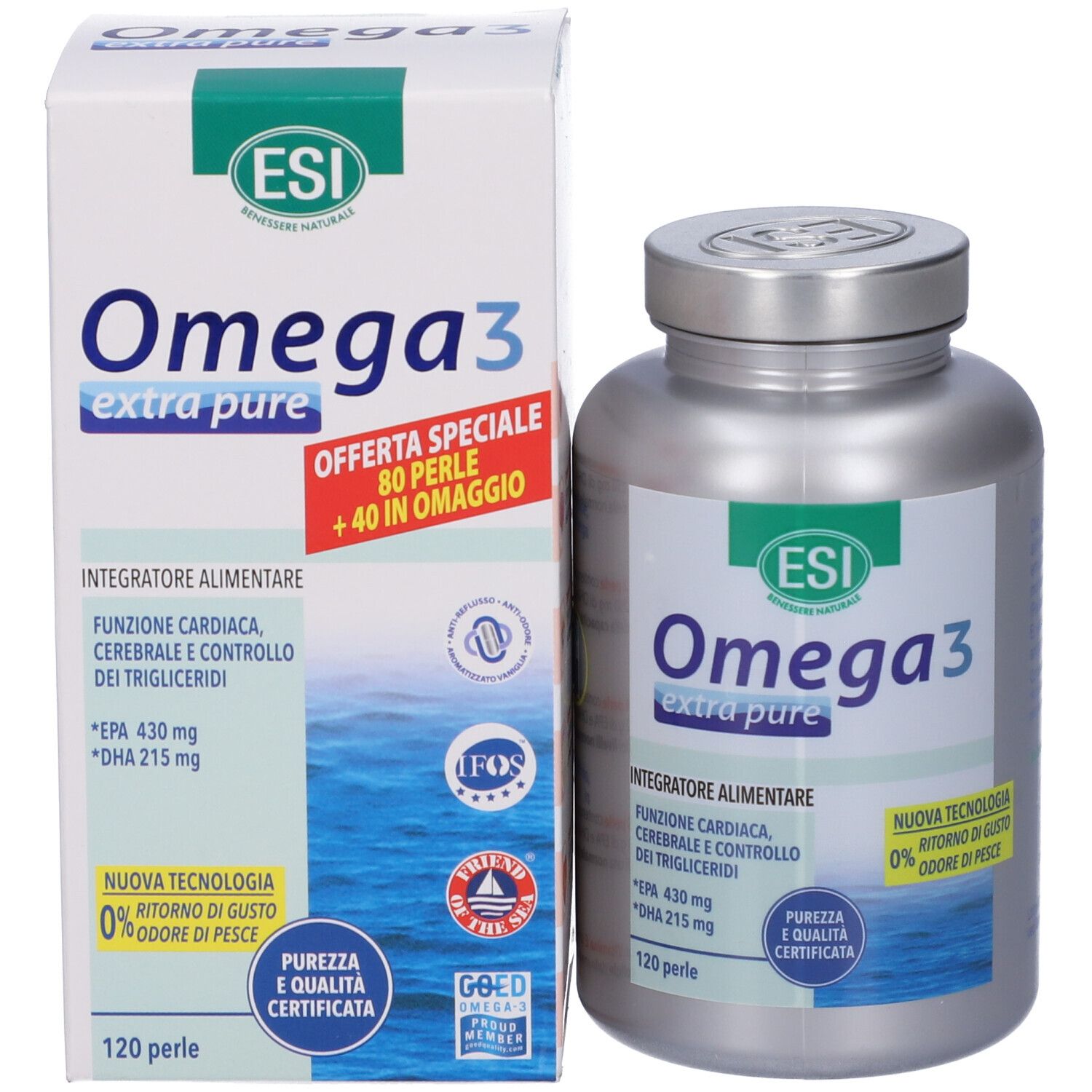 Confezione: flacone e scatola. ESI Omega 3 extra pure. 120 perle + 40 omaggio. Certificazioni.
