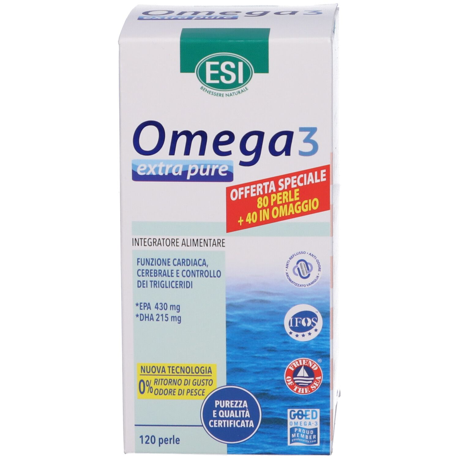 Confezione: scatola. ESI Omega 3 extra pure. 120 perle + 40 omaggio. Certificazioni.