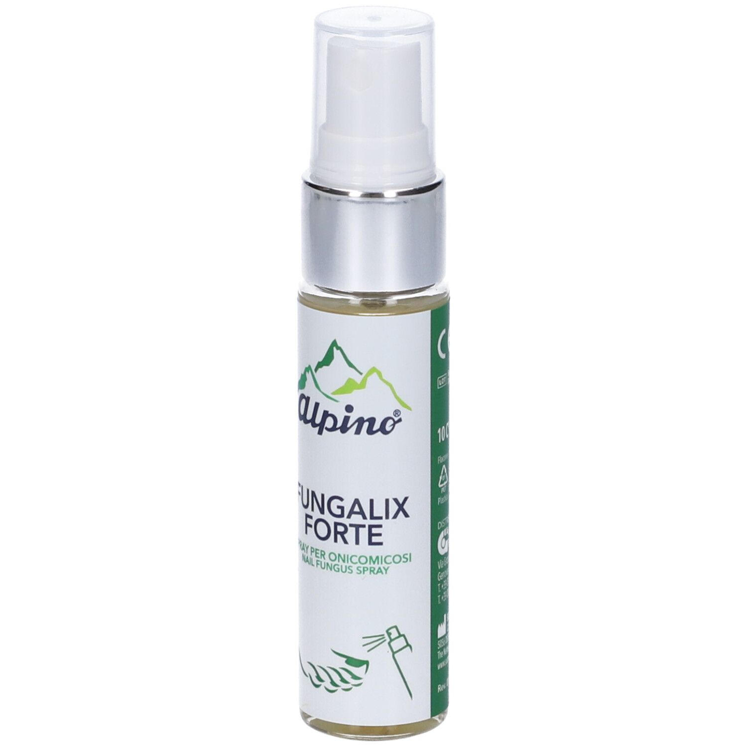 Flacone spray con erogatore bianco e anello argentato. Scritta: Alpino Fungalix Forte Spray.