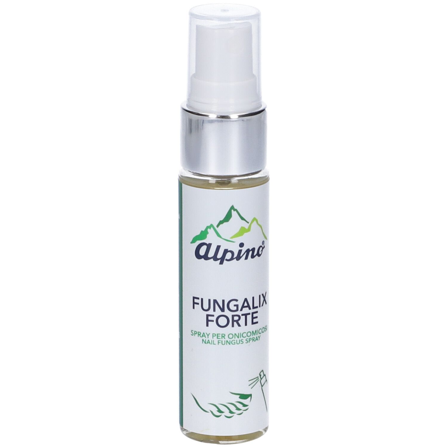 Flacone spray con erogatore bianco e anello argentato. Scritta: Alpino Fungalix Forte Spray.