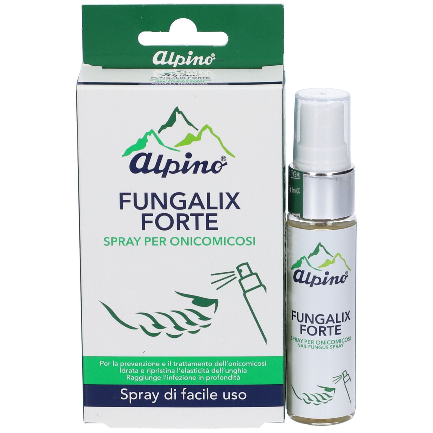 Prodotto e confezione. Flacone spray e scatola. Scritta: Alpino Fungalix Forte Spray.