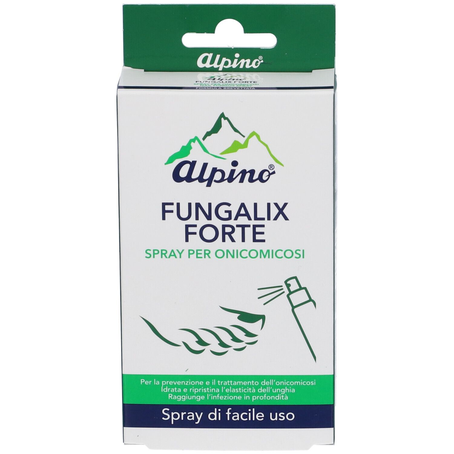 Confezione in cartone. Scritta: Alpino Fungalix Forte Spray. Testo e logo.