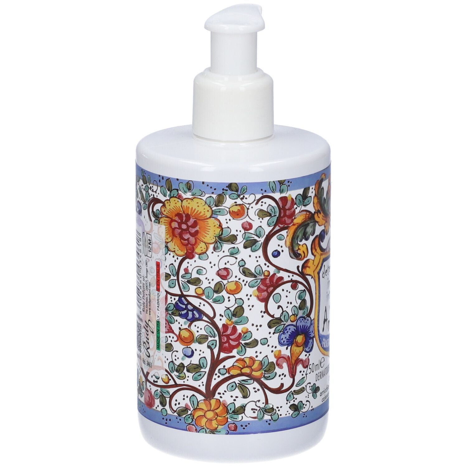 Flacone bianco con dispenser a pompa bianco e motivo floreale colorato.