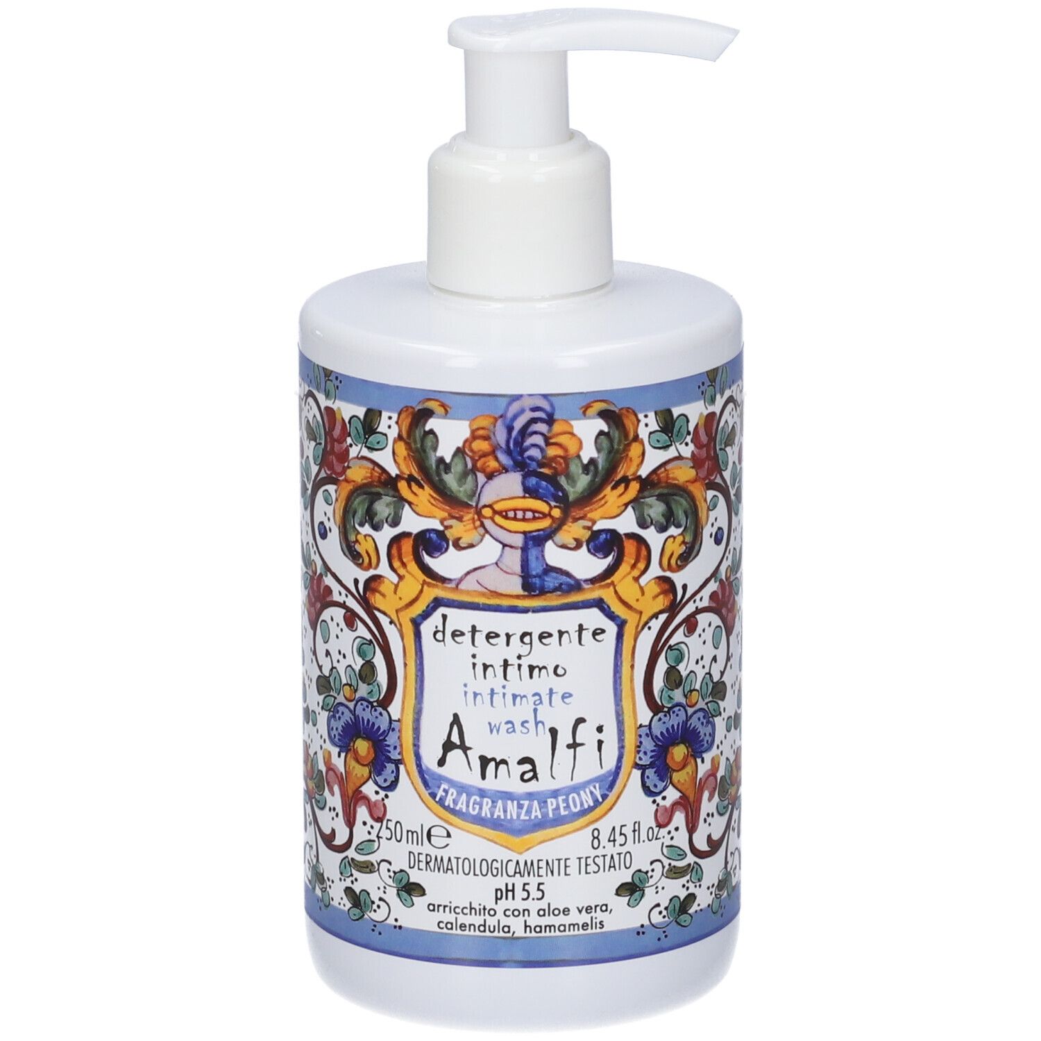 Flacone con dispenser a pompa per detergente intimo, decorato con motivo floreale e stemma.