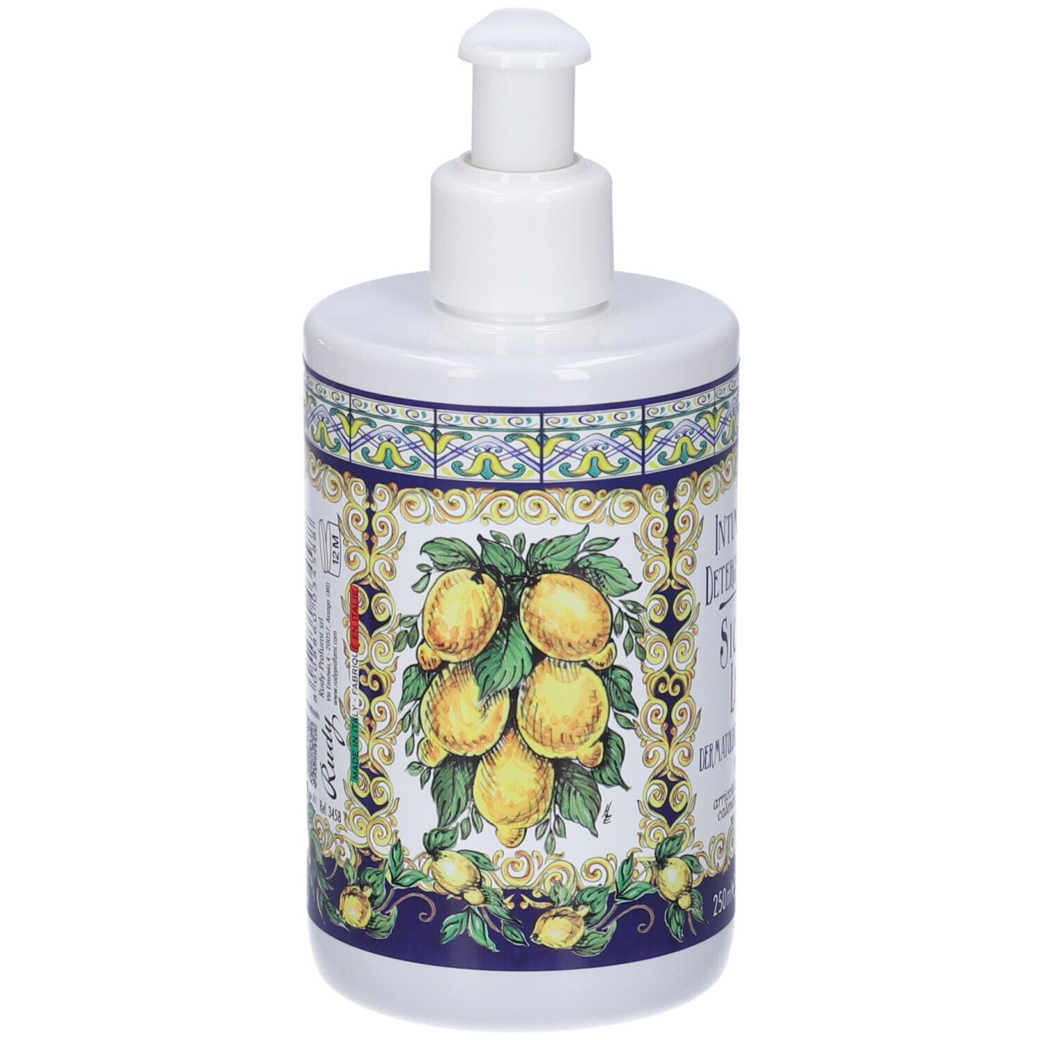 Detergente intimo con decoro limoni, flacone con pompa, 250ml.