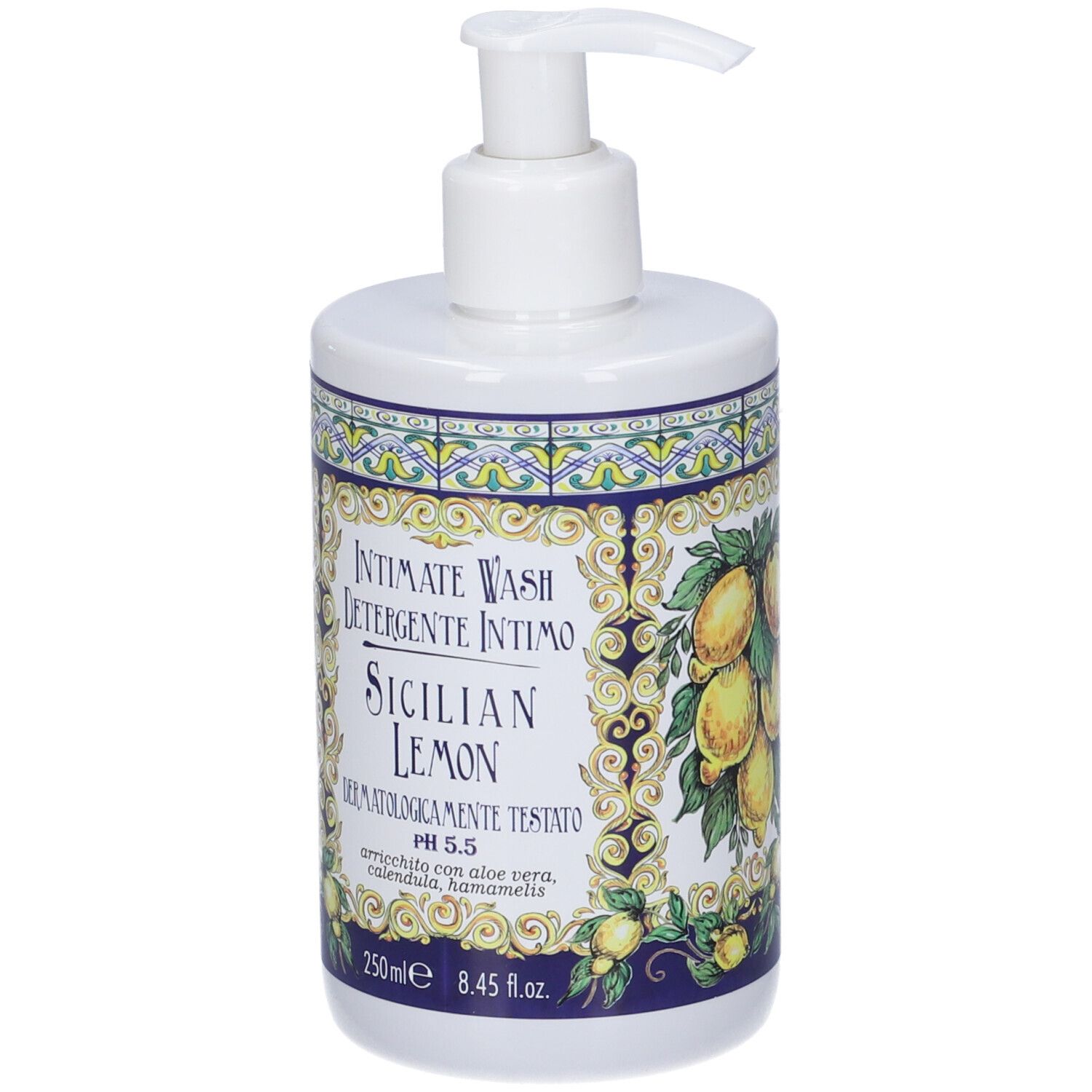 Detergente intimo con decoro limoni, flacone con pompa, 250ml.