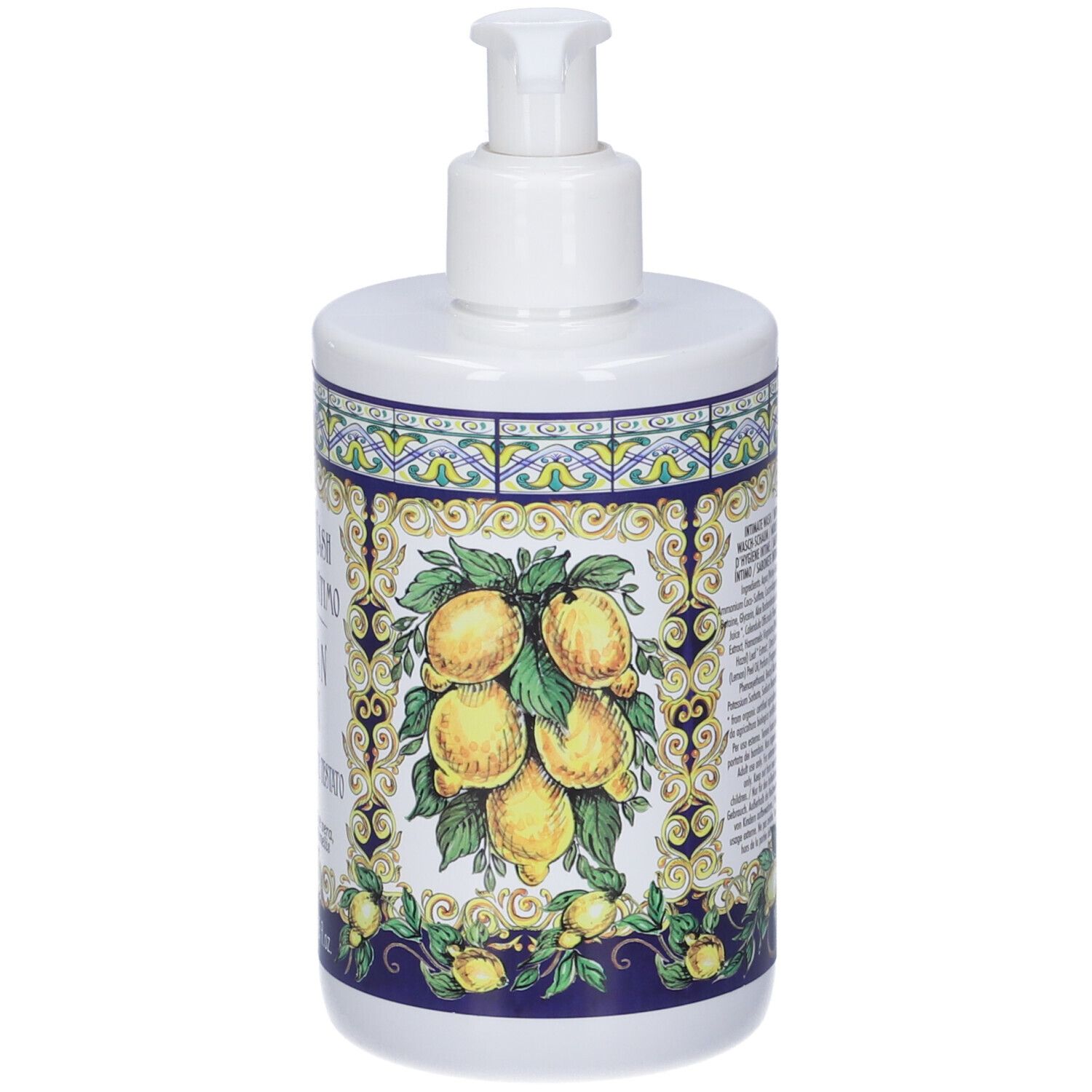 Detergente intimo con decoro limoni, flacone con pompa, 250ml.