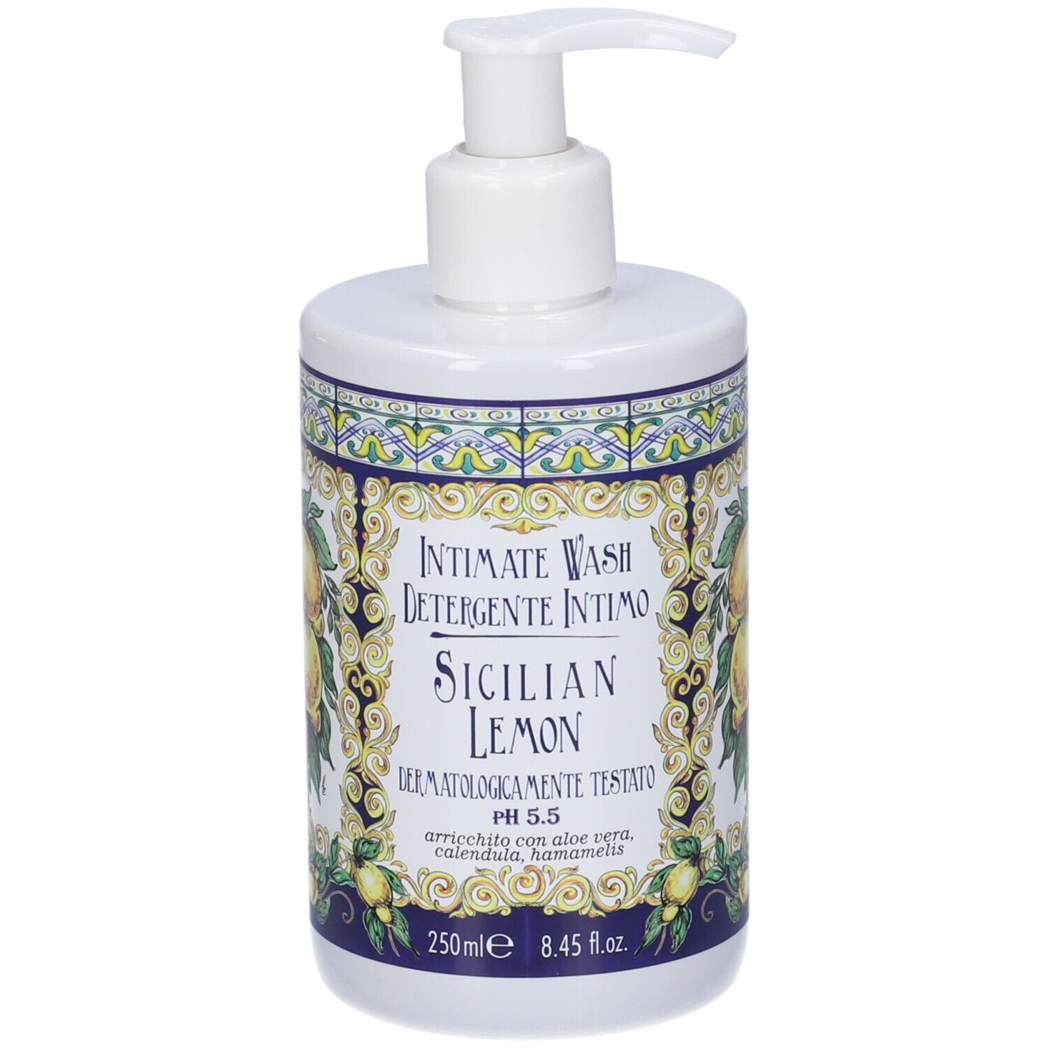 Detergente intimo con decoro limoni, flacone con pompa, 250ml.