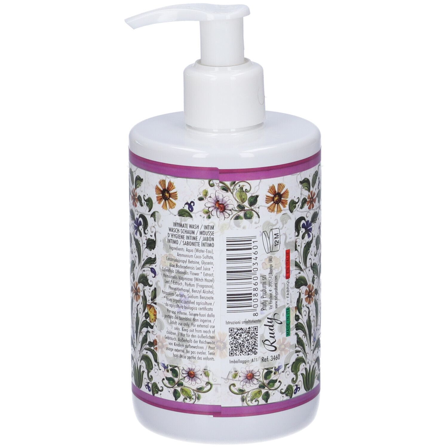 Retro del flacone con erogatore, detergente intimo Rudy Profumi Salento, con etichetta e codice a barre.