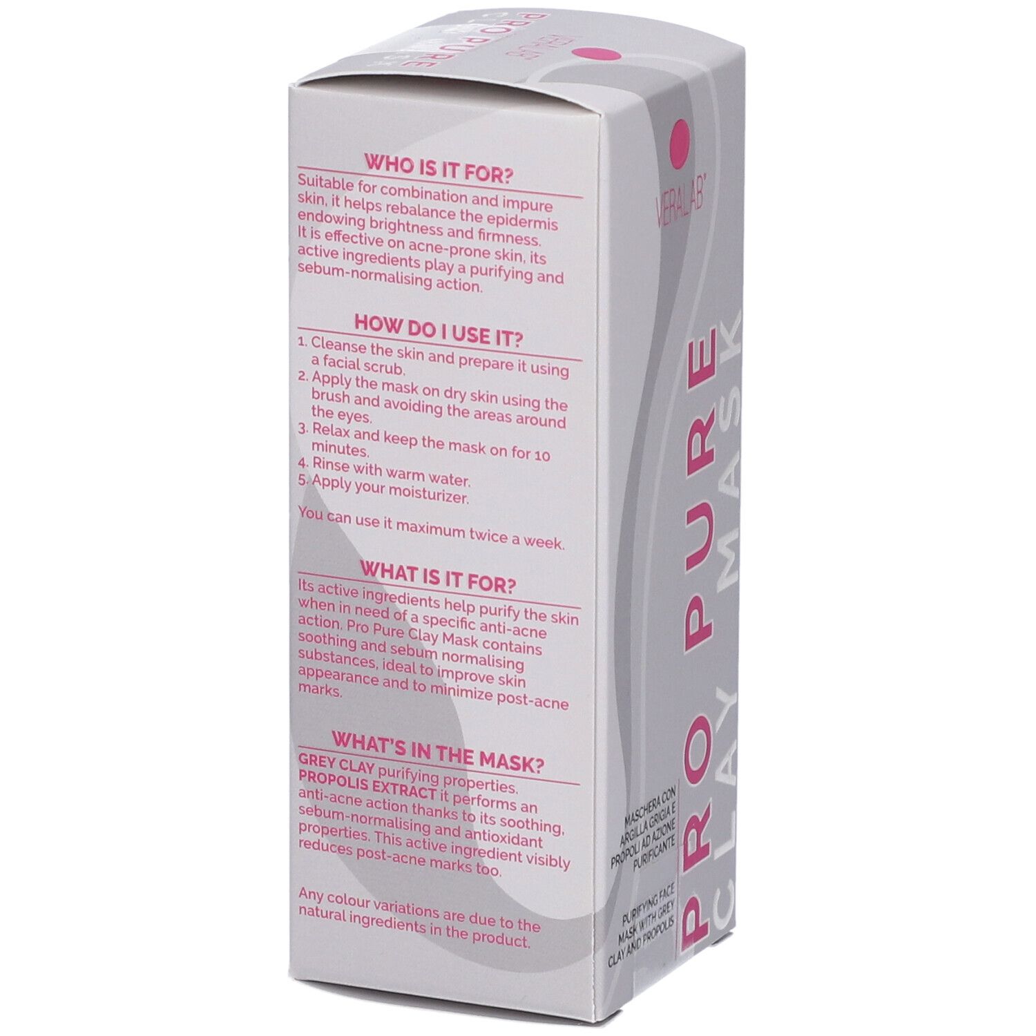 Retro della confezione Veralab Pro Pure Clay Mask. Contiene informazioni sugli ingredienti e l'uso.