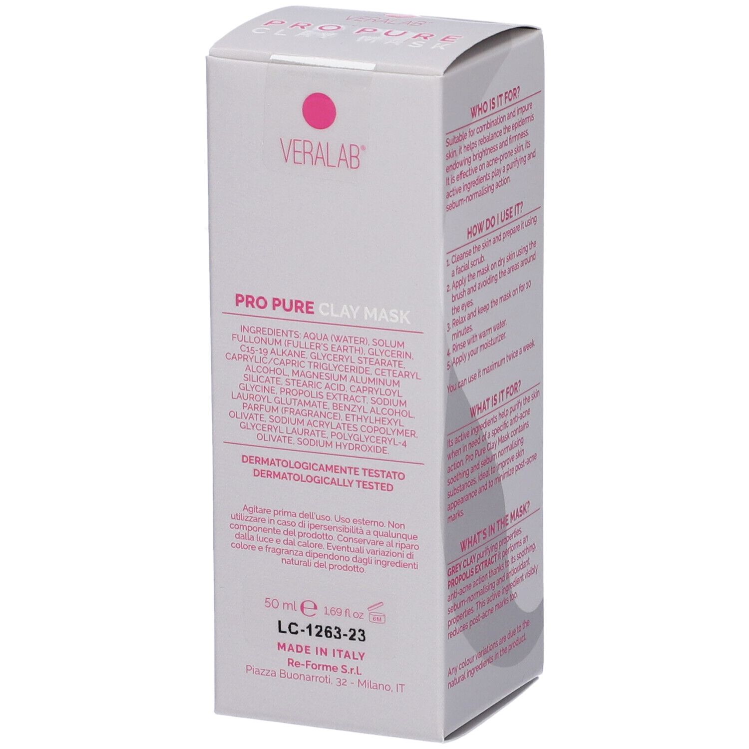 Confezione Veralab Pro Pure Clay Mask. Contiene informazioni sugli ingredienti e il produttore.