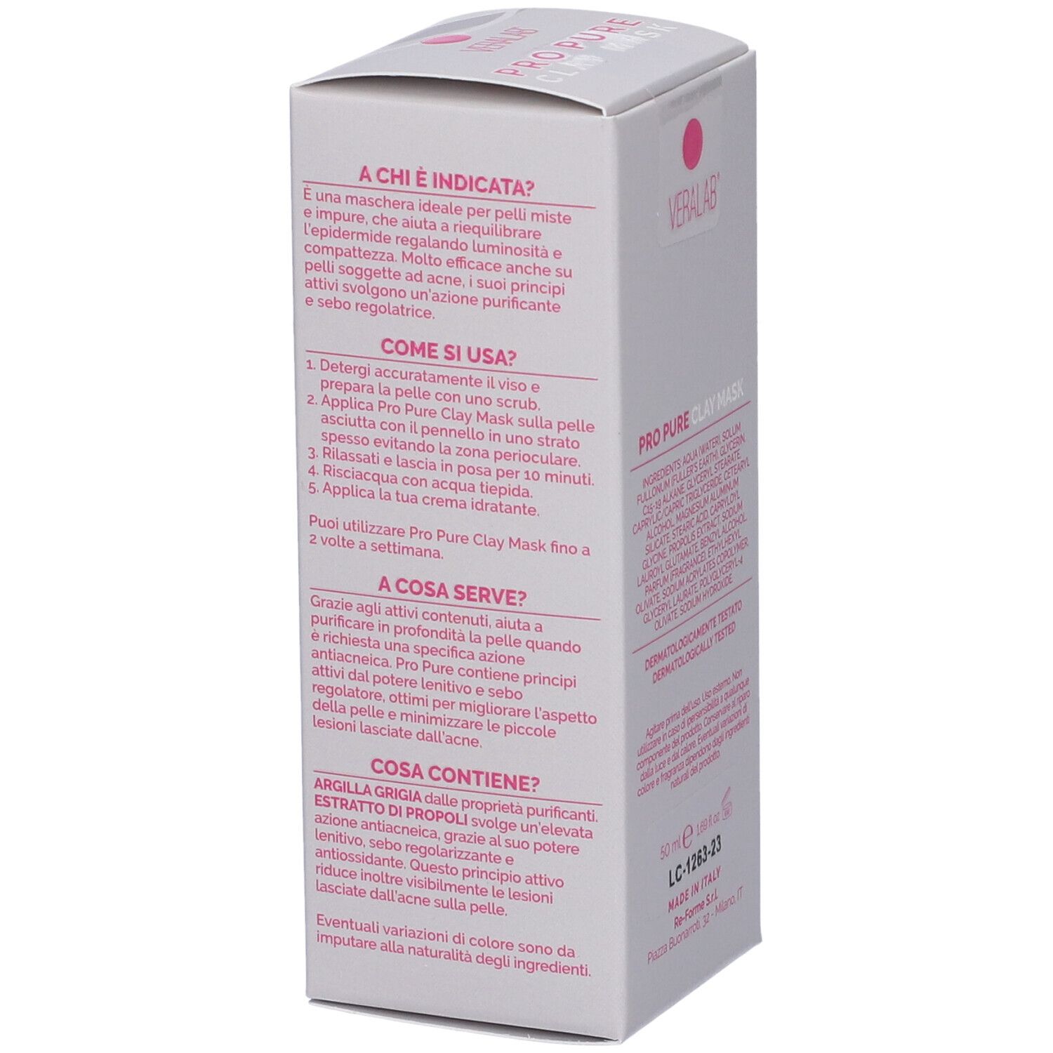 Retro della confezione Veralab Pro Pure Clay Mask. Contiene informazioni sull'uso e gli ingredienti.