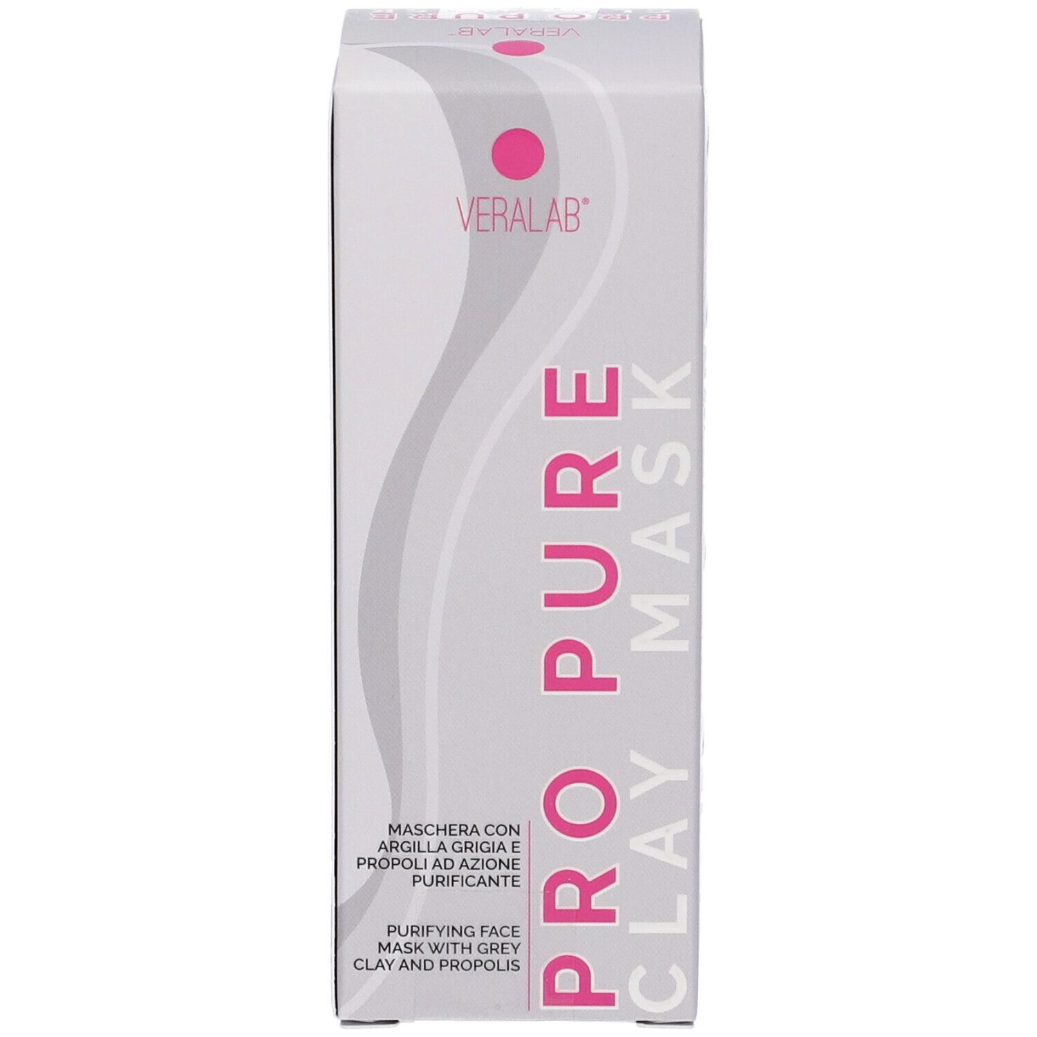 Confezione Veralab Pro Pure Clay Mask. Bianca con testo rosa. Contiene il nome del prodotto e il logo.