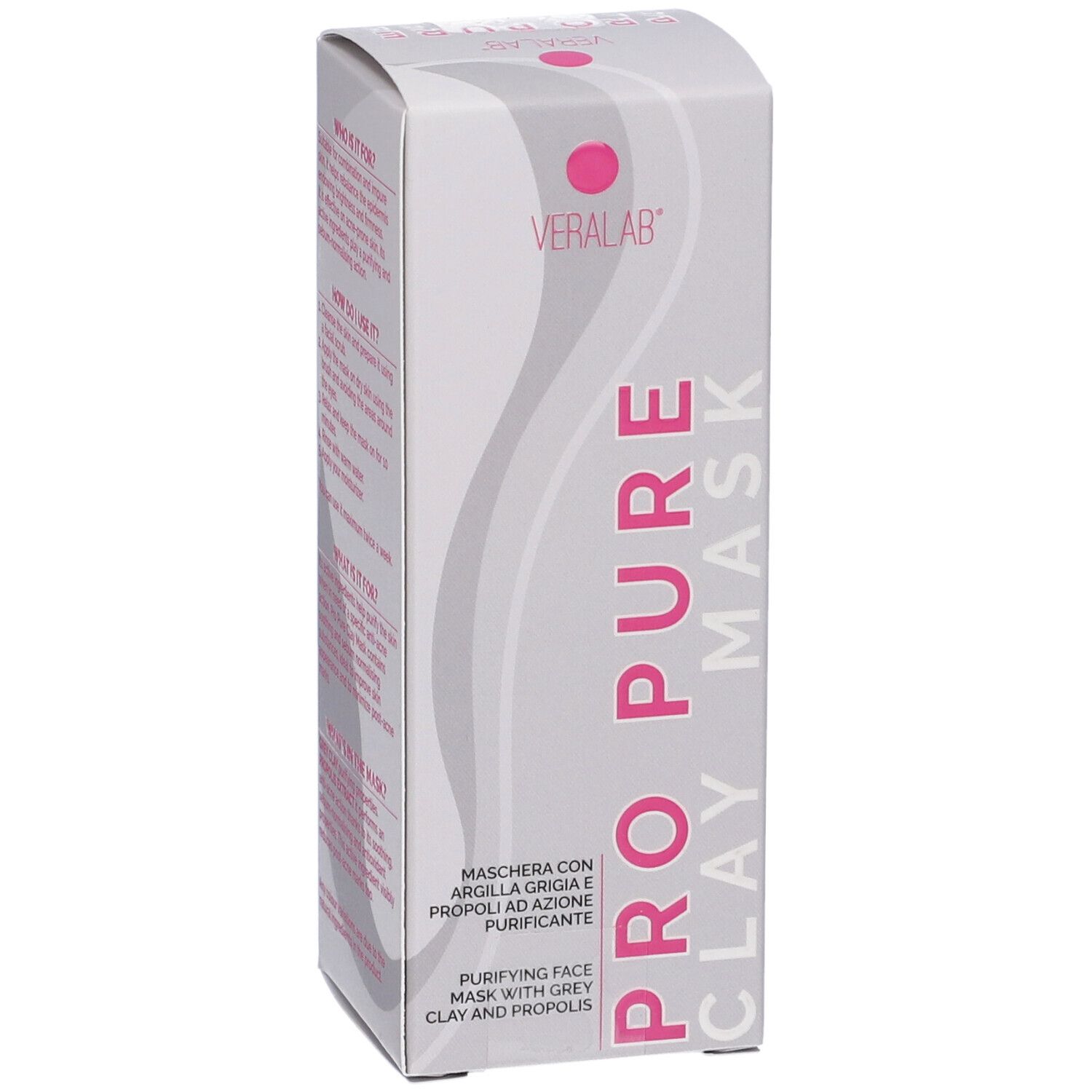 Confezione Veralab Pro Pure Clay Mask. Bianca con testo rosa. Contiene il nome del prodotto e il logo.