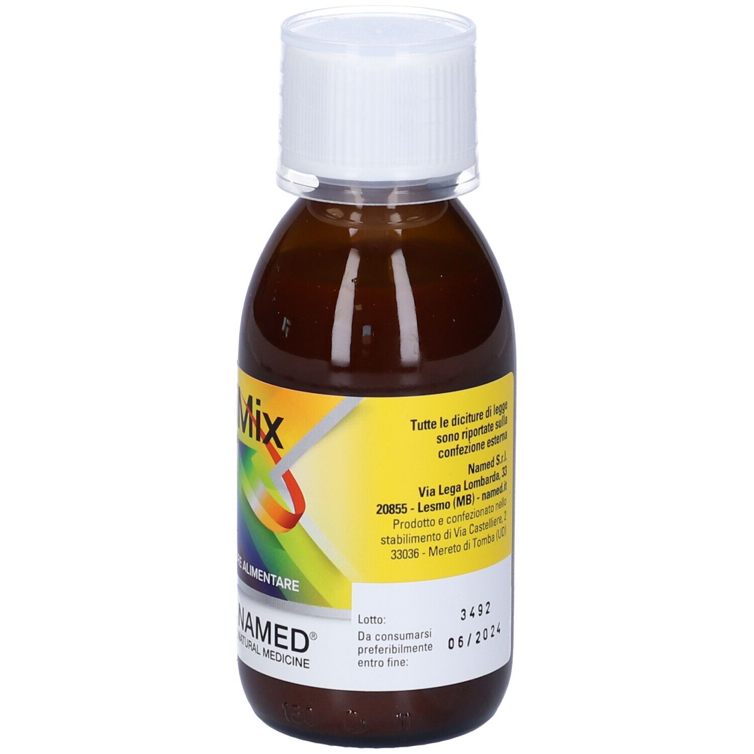 Flacone marrone con tappo bianco. Etichetta con informazioni sul prodotto e logo NAMED.