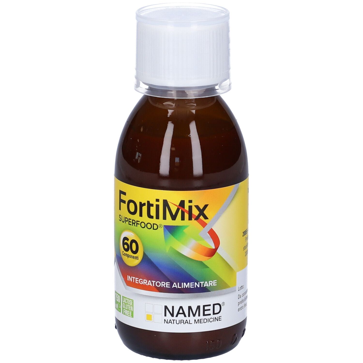 Flacone marrone con tappo bianco. Etichetta con nome prodotto FortiMix, 60 componenti e logo NAMED.