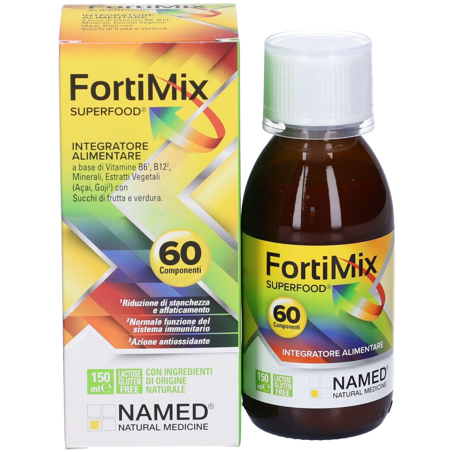 Confezione e flacone FortiMix. Confezione con nome prodotto, 60 componenti, logo NAMED. Flacone con tappo bianco.