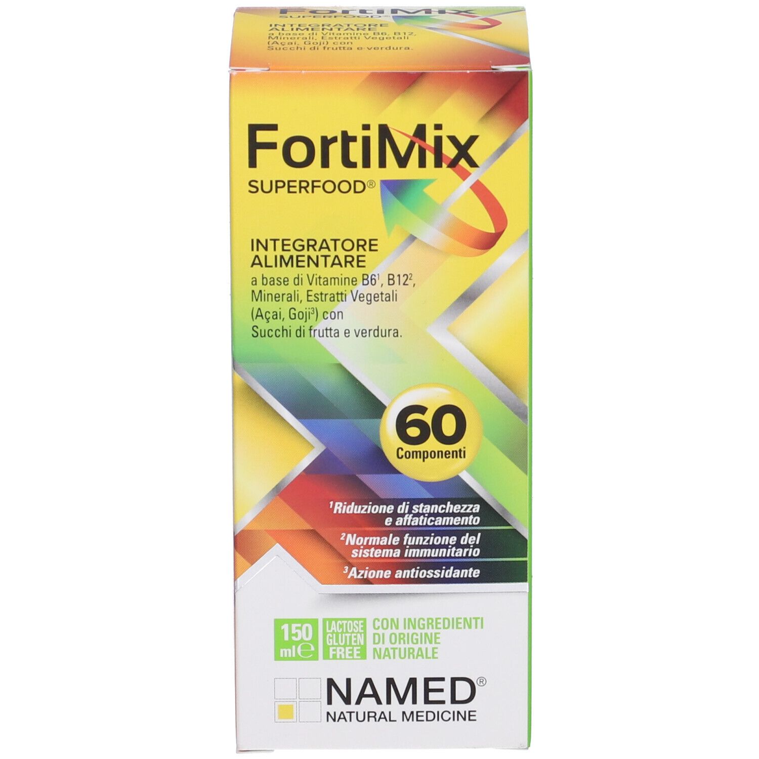 Confezione FortiMix. Confezione con nome prodotto, 60 componenti, logo NAMED. Contiene informazioni sugli ingredienti.