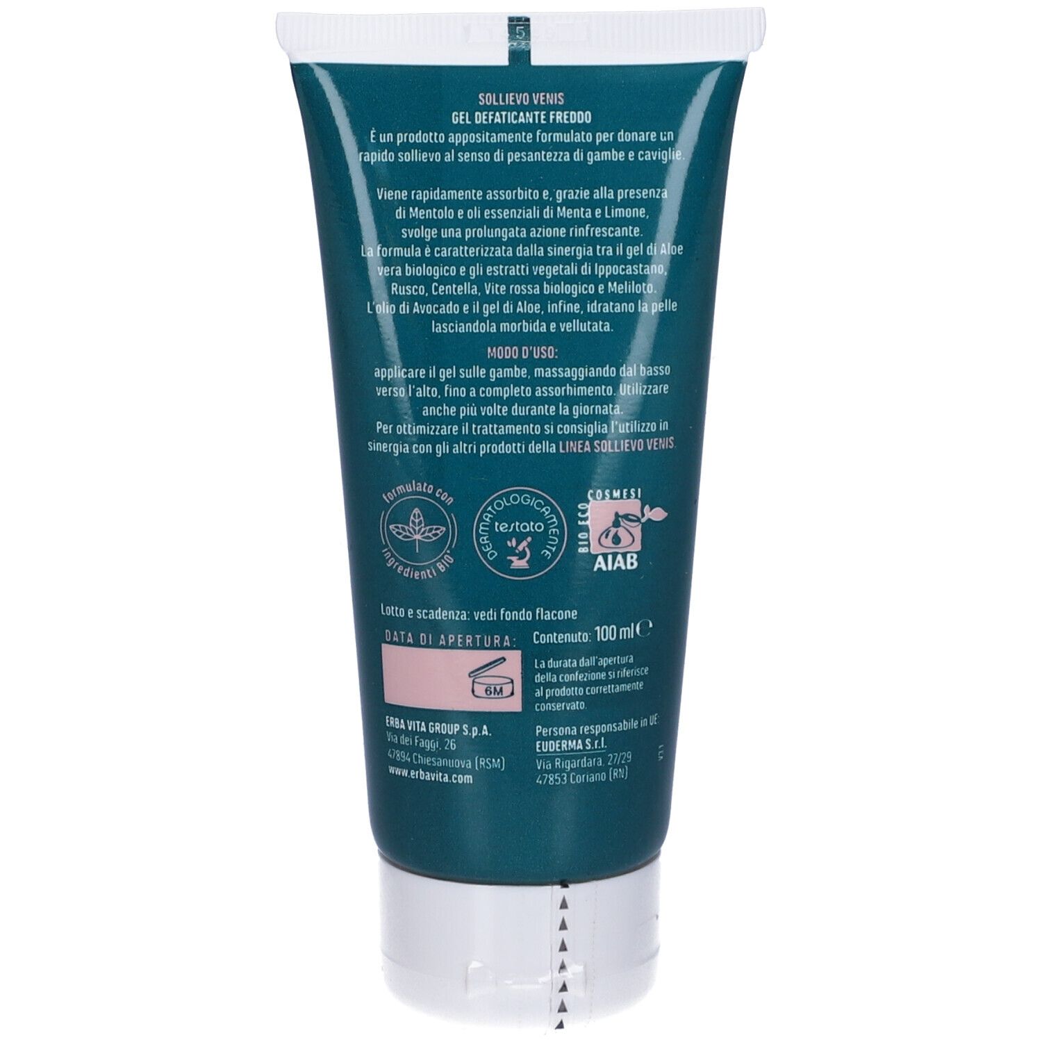 Retro del tubo. Testo sul prodotto e ingredienti. Loghi e data di scadenza. 100 ml.