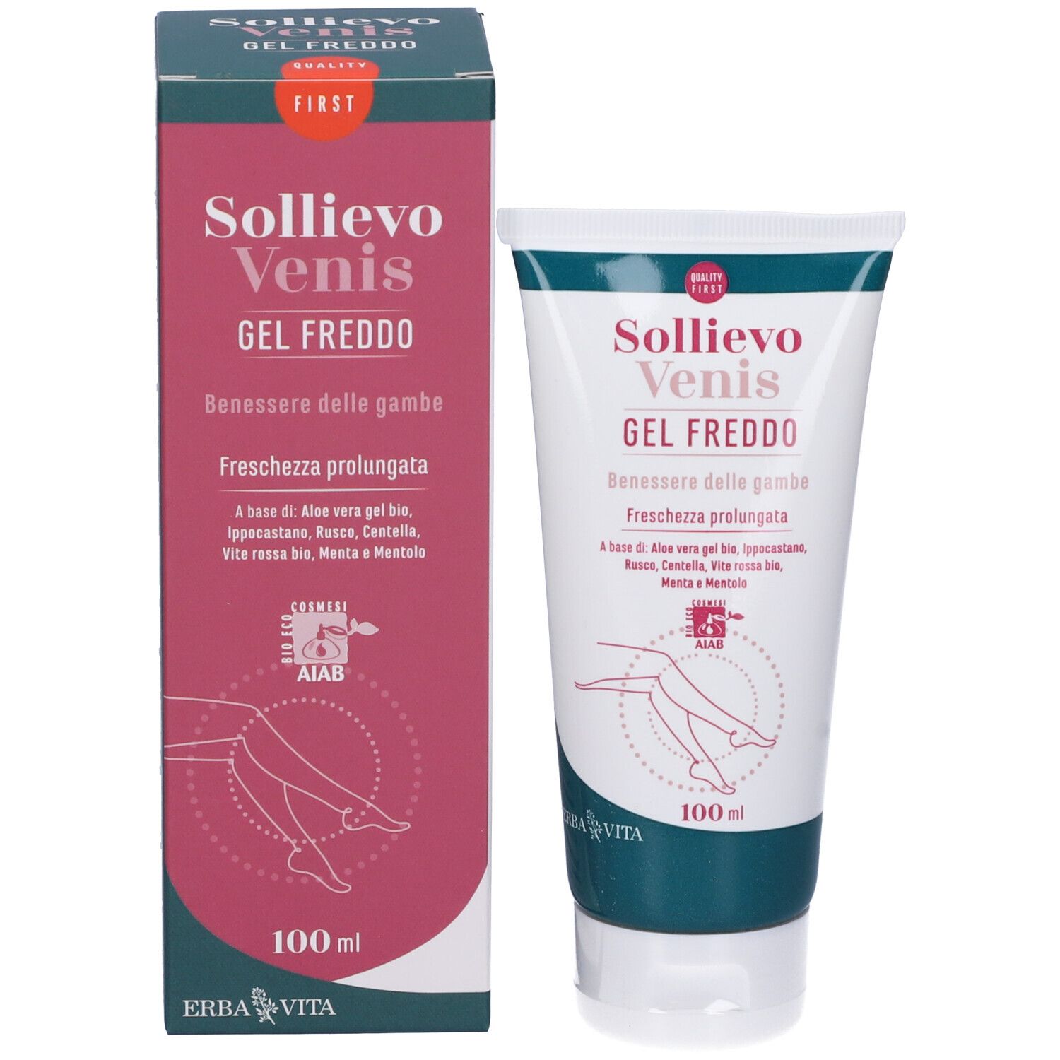 Confezione e tubo. Confezione: rossa e bianca, nome e logo del prodotto. Tubo: bianco e verde.