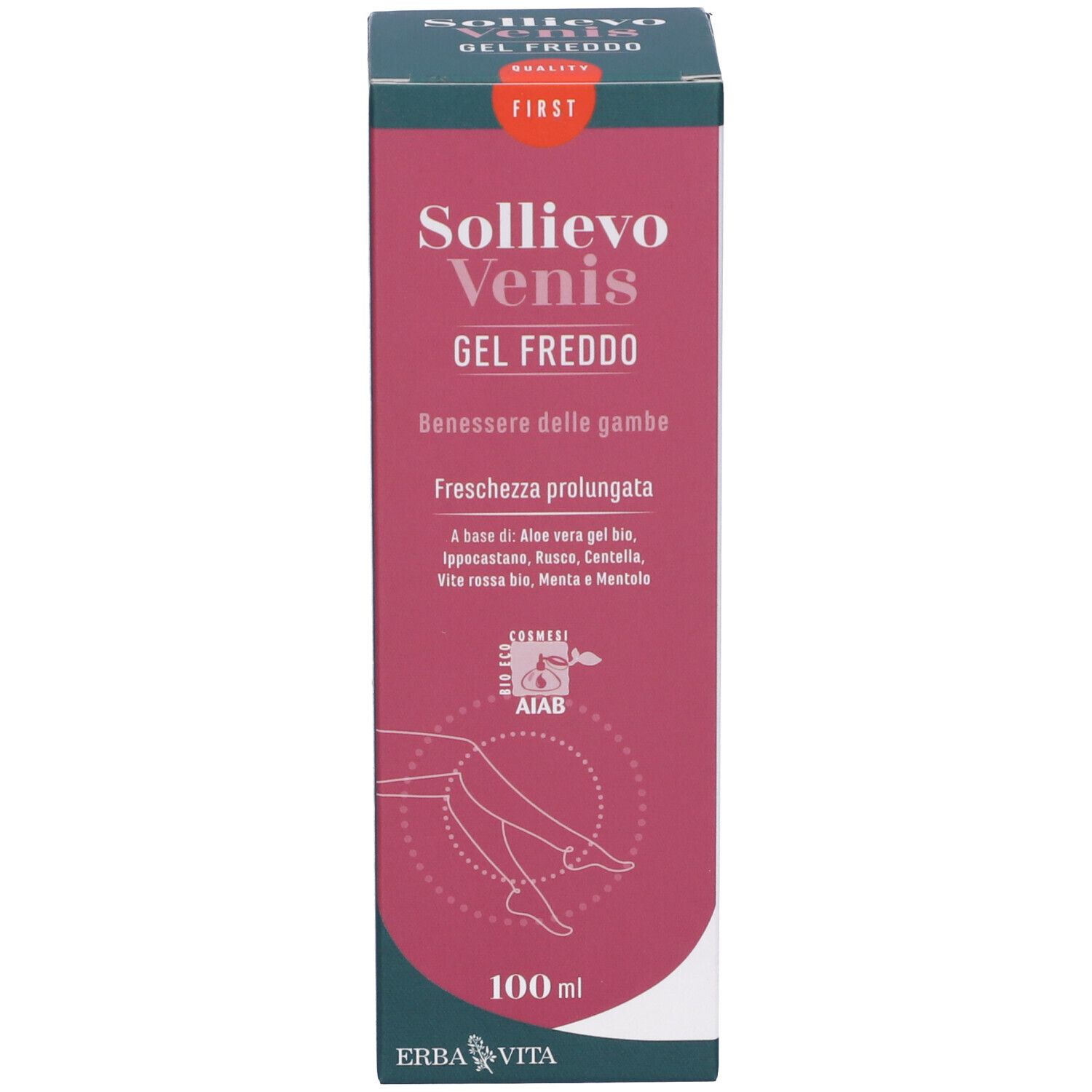 Confezione del prodotto. Rossa e bianca. Scritta Sollievo Venis Gel Freddo. Logo e illustrazione gambe. 100 ml.