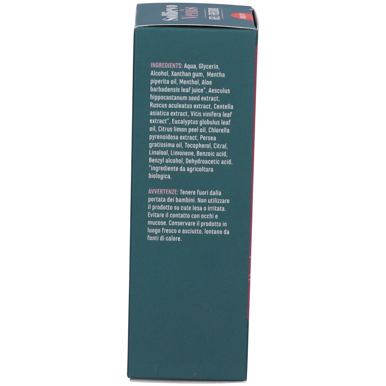 Lato della confezione del prodotto. Ingredienti e avvertenze. Testo in italiano.