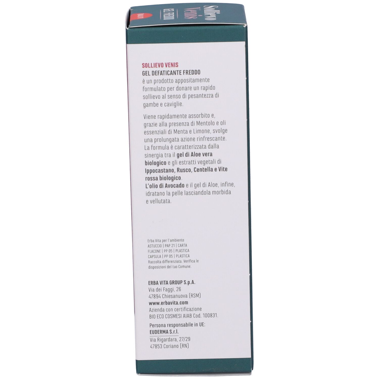 Lato della confezione del prodotto. Descrizione del prodotto e informazioni del produttore. Testo in italiano.