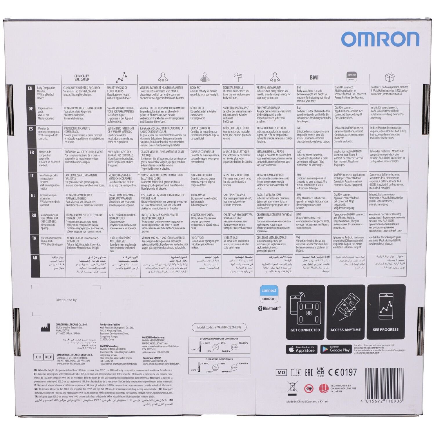 Retro della confezione della bilancia Omron Viva. Testo multilingue. Logo Bluetooth e icone delle app.