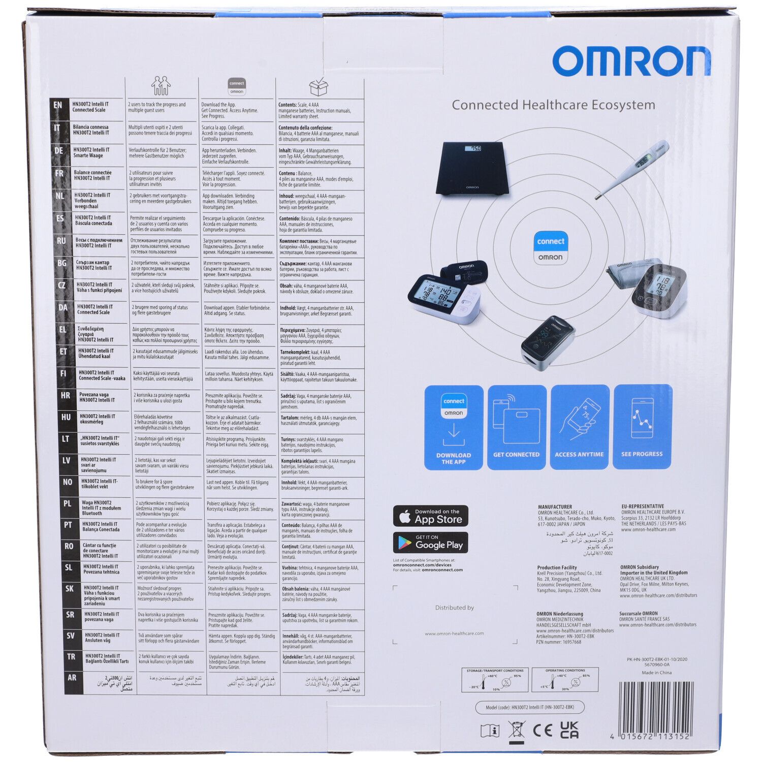 Retro della confezione. OMRON Connected Healthcare Ecosystem. Immagini dei prodotti e informazioni sull'app.