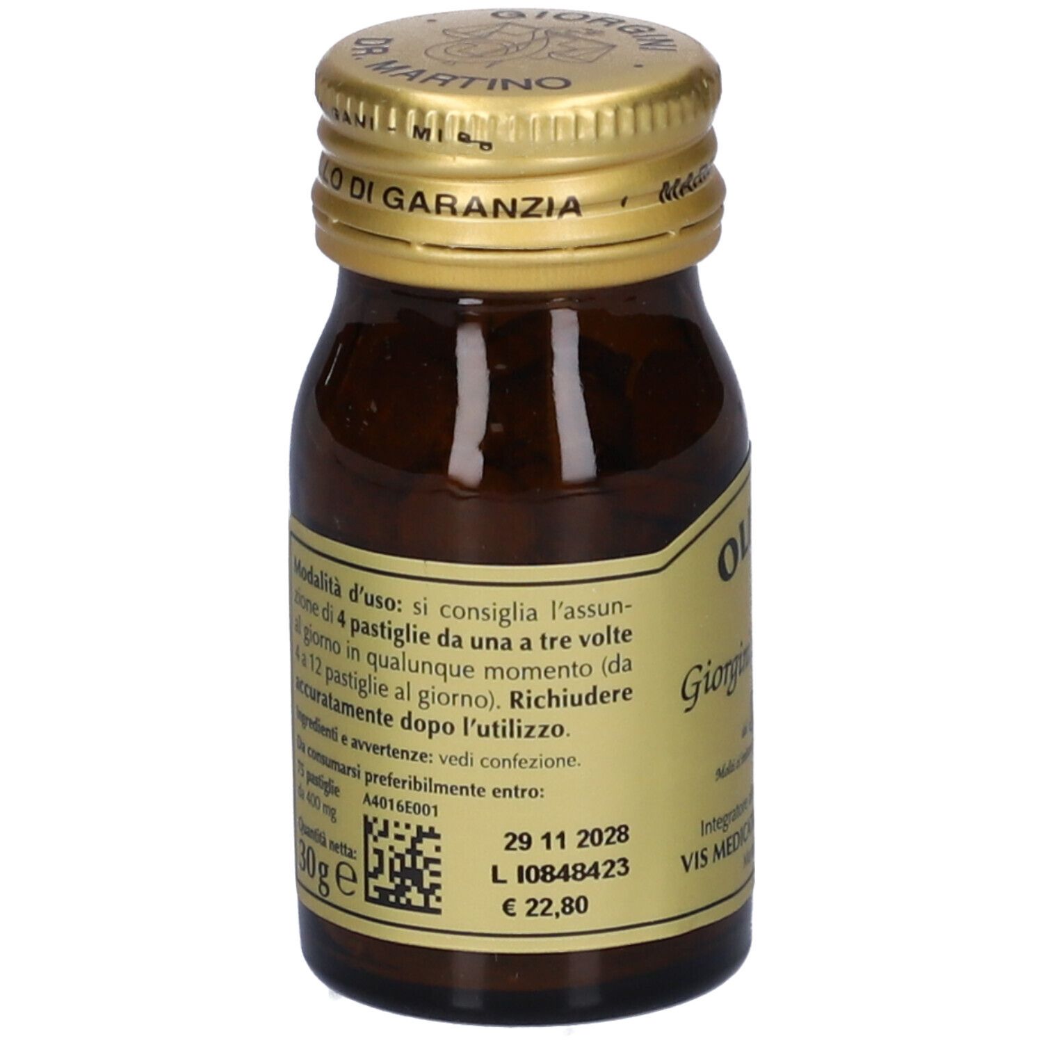 Flacone di vetro marrone con tappo dorato. Etichetta con informazioni prodotto, tra cui data di scadenza e prezzo. Marradi (Firenze).