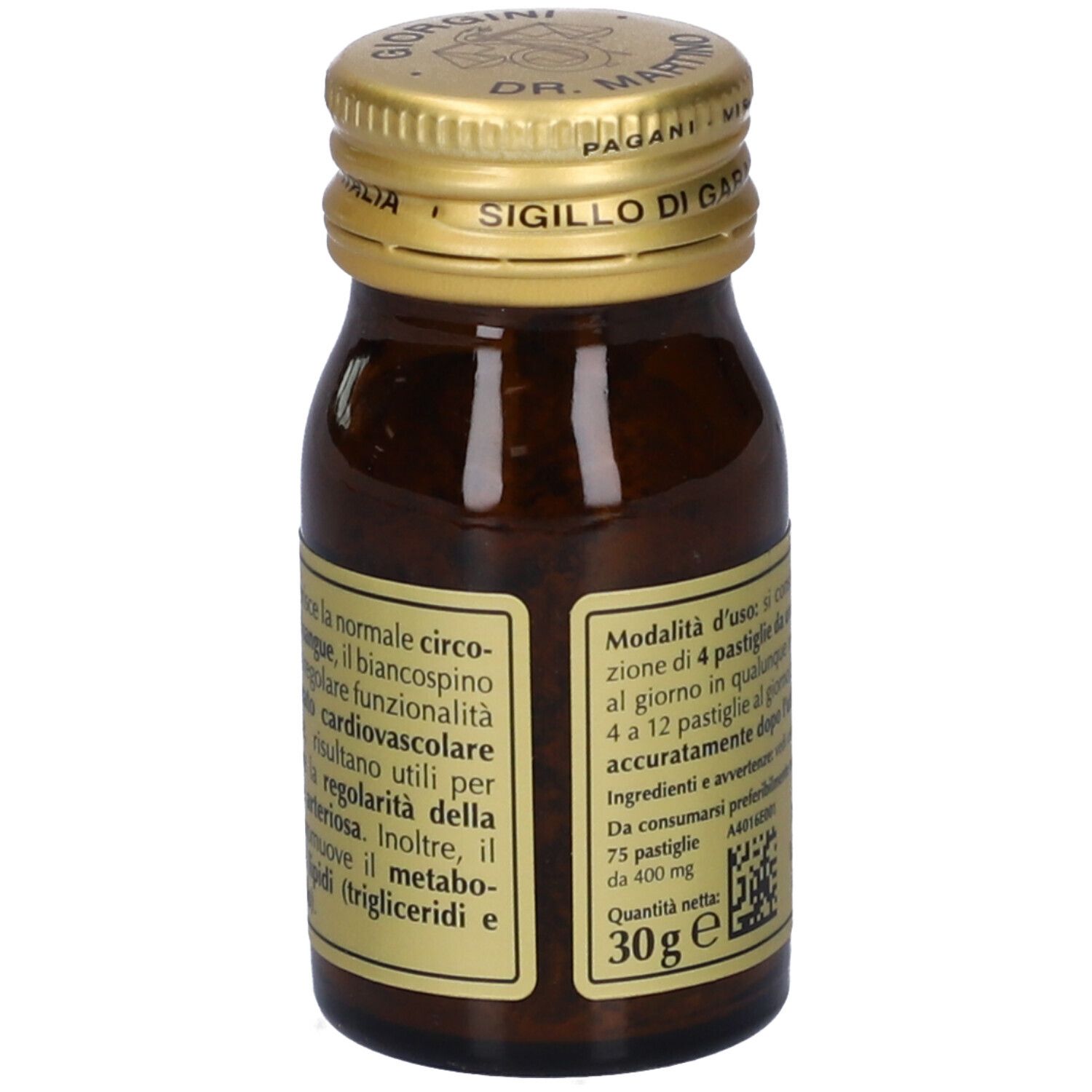 Flacone di vetro marrone con tappo dorato. Etichetta con informazioni prodotto, tra cui peso netto 30g. Marradi (Firenze).