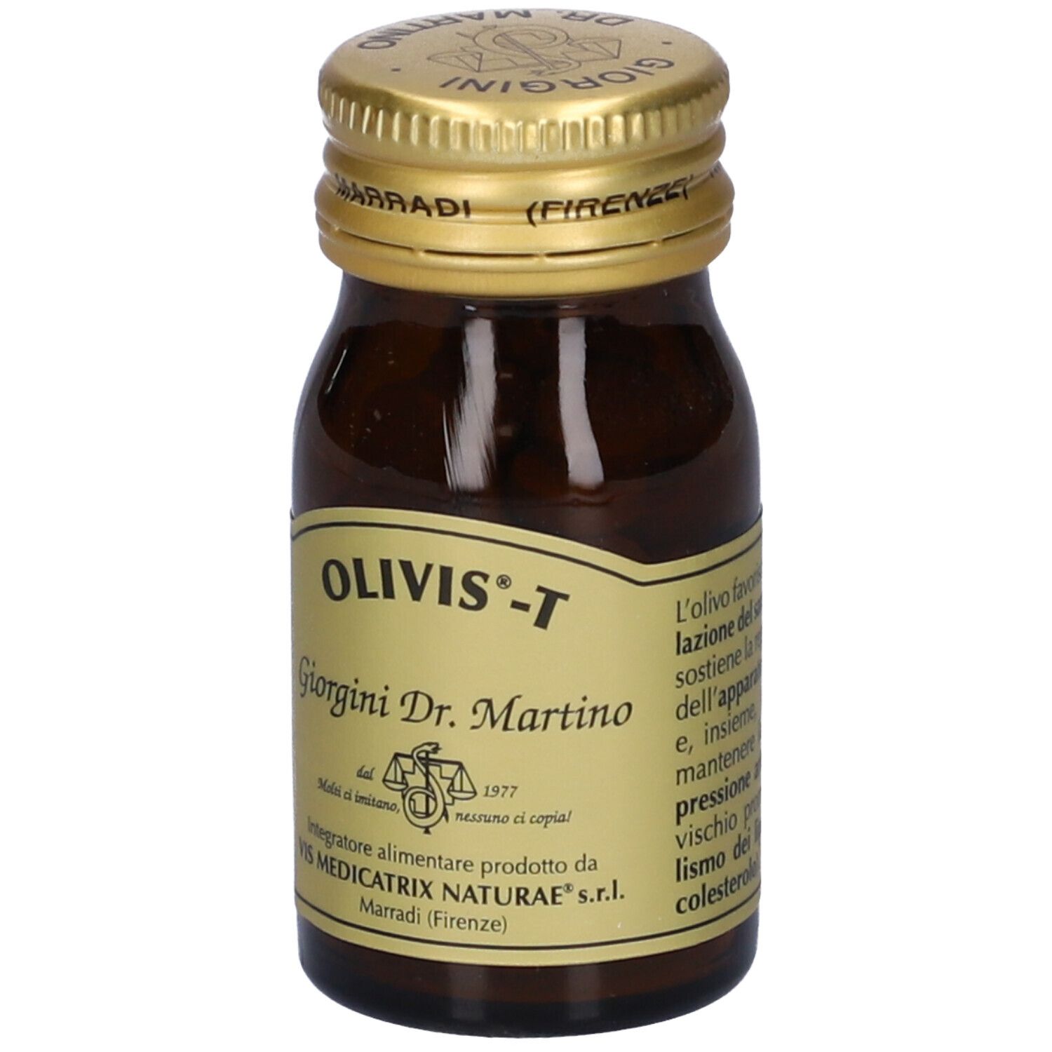 Flacone di vetro marrone con tappo dorato. Etichetta con nome prodotto Olivis-T e altre informazioni. Marradi (Firenze).