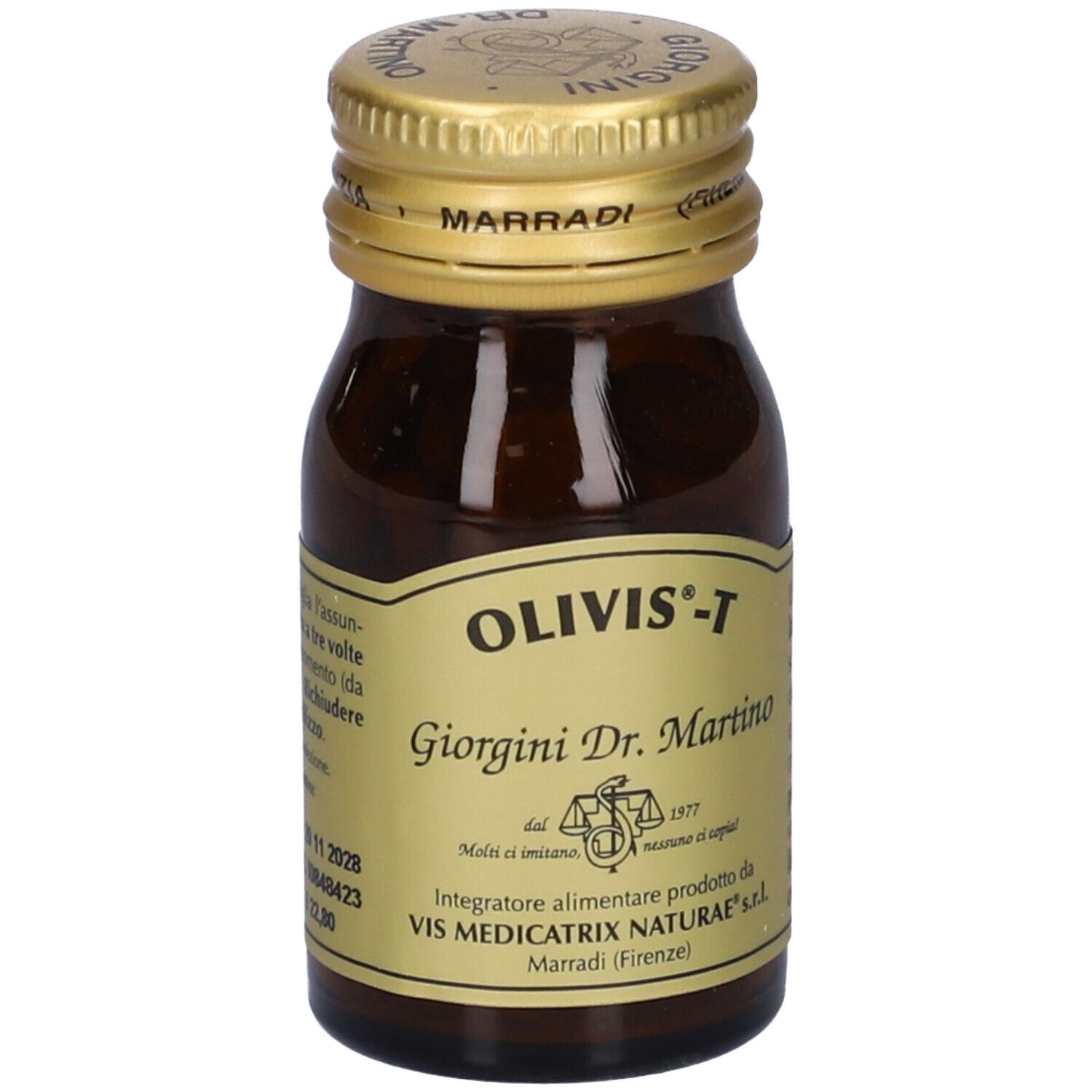 Flacone di vetro marrone con tappo dorato. Etichetta con nome prodotto Olivis-T e altre informazioni. Marradi (Firenze).