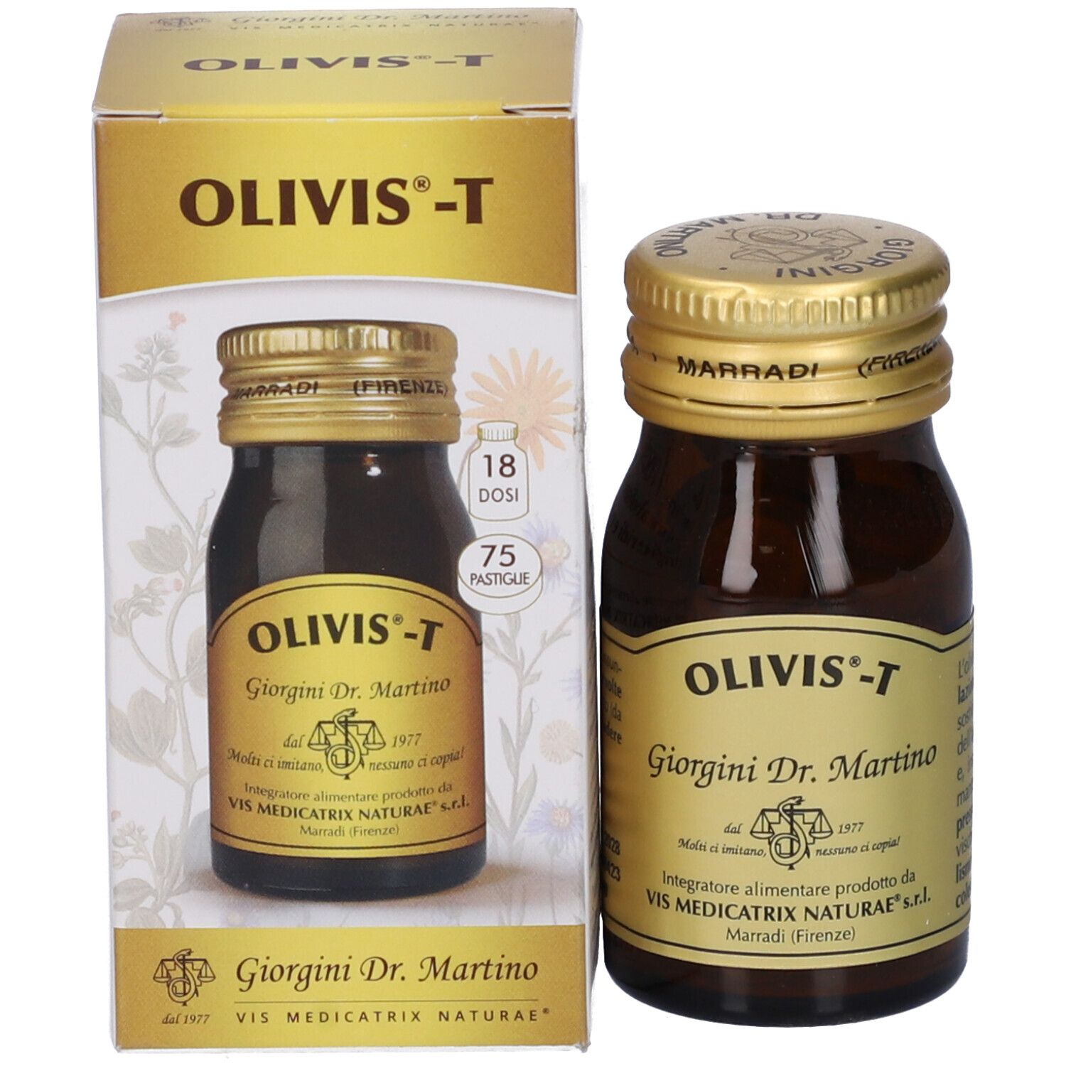 Flacone di vetro marrone con tappo dorato e confezione del prodotto. Etichetta con nome prodotto Olivis-T e altre informazioni. Marradi (Firenze).