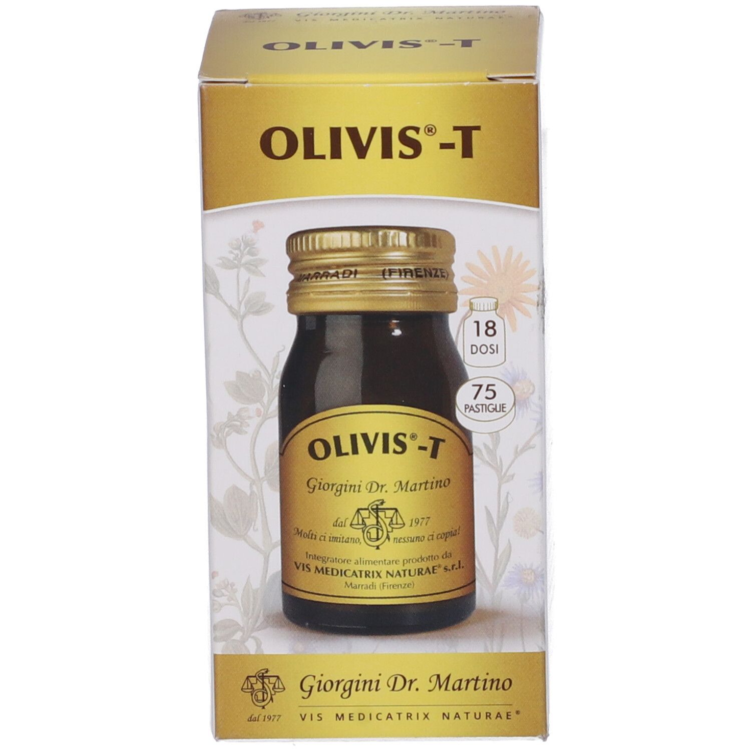 Confezione del prodotto con flacone di vetro marrone e tappo dorato. Etichetta con nome prodotto Olivis-T e altre informazioni. Marradi (Firenze).