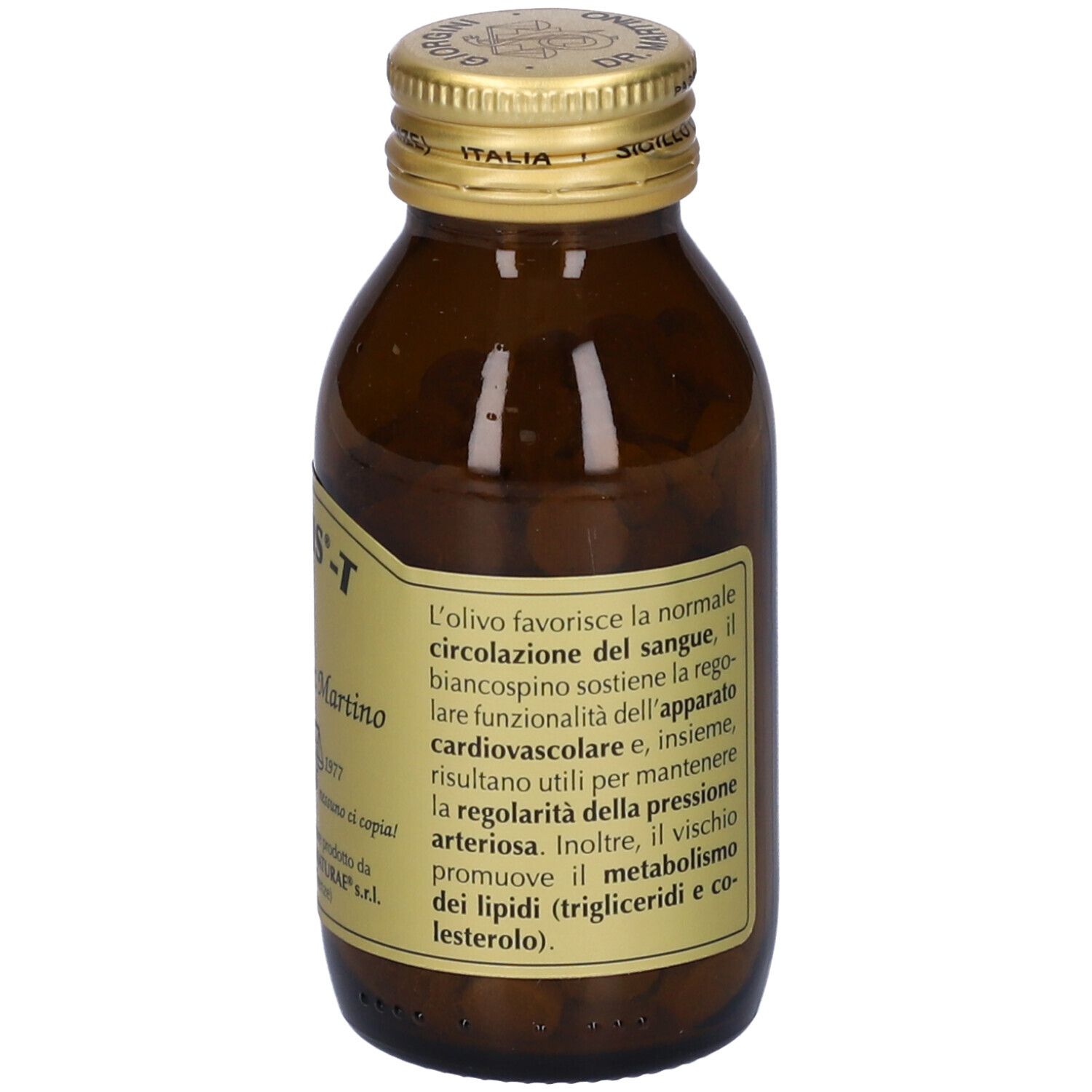 Bottiglia di vetro marrone con tappo dorato. Etichetta con informazioni sul prodotto e testo in italiano.