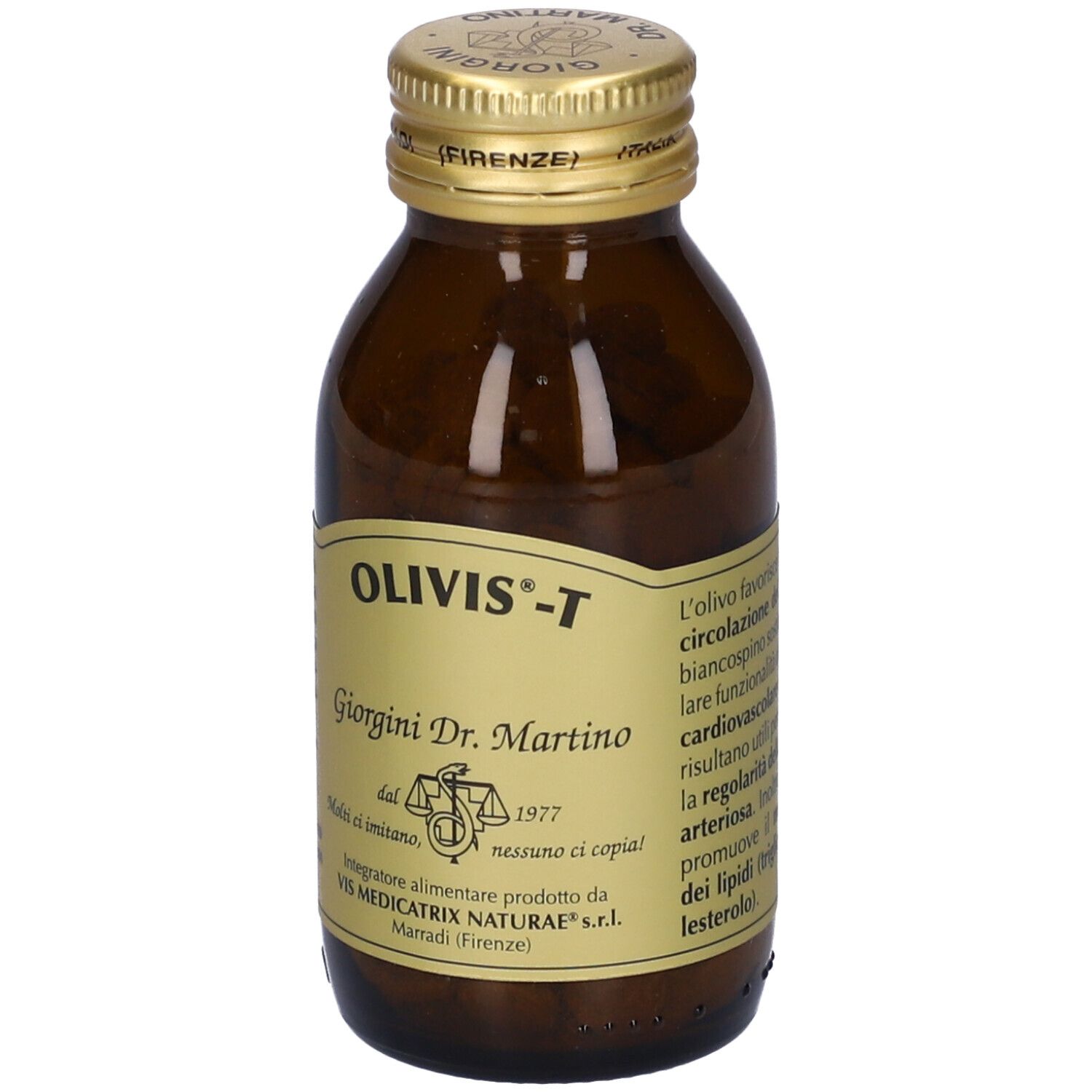 Bottiglia di vetro marrone con tappo dorato. Etichetta con nome del prodotto e logo. Testo in italiano.