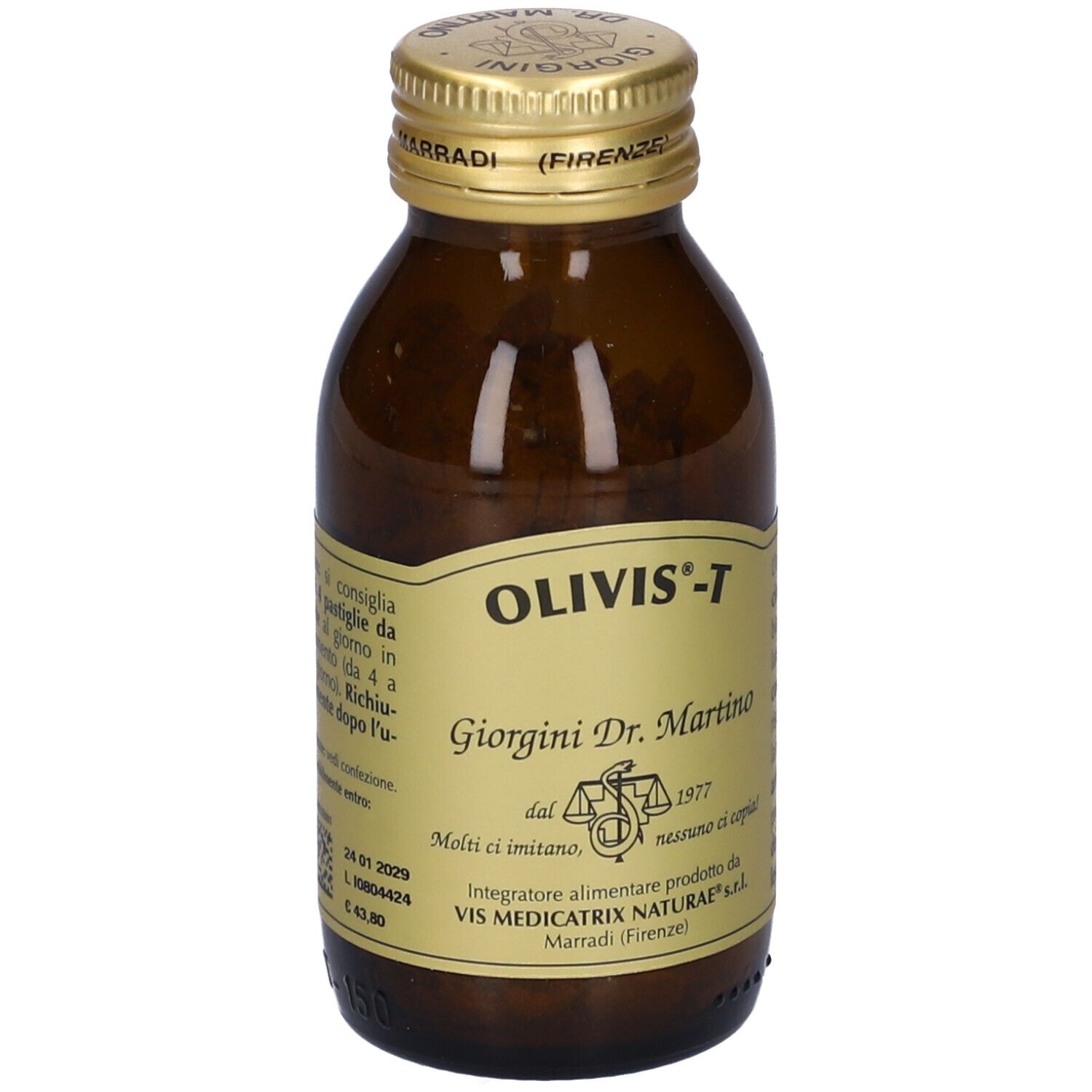 Bottiglia di vetro marrone con tappo dorato. Etichetta con informazioni sul prodotto e testo in italiano.