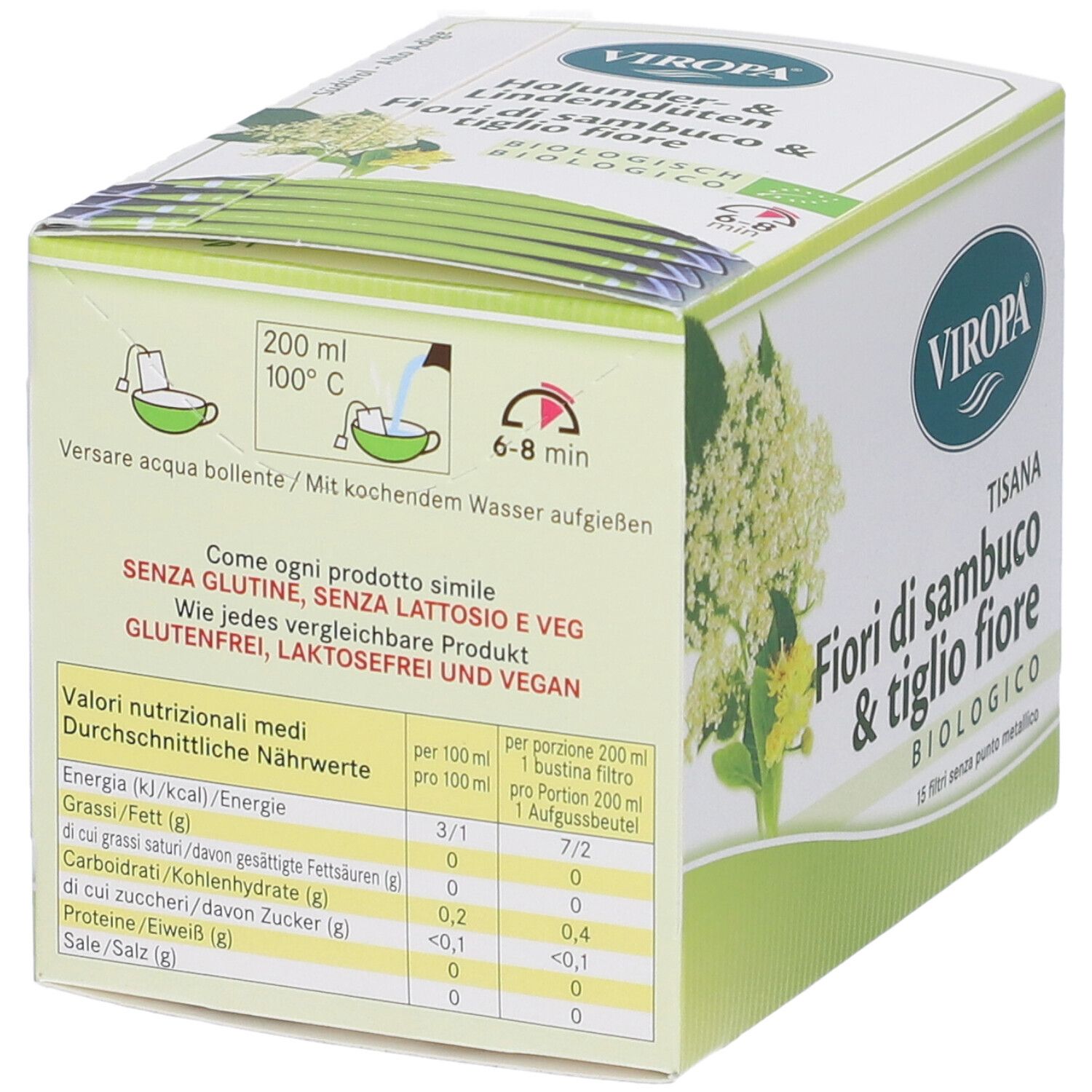 Confezione in cartone VIROPA. Scritta: TISANA FIORI DI SAMBUCO & TIGLIO FIORE. Tabella nutrizionale. Istruzioni: 200 ml, 100°C, 6-8 min.