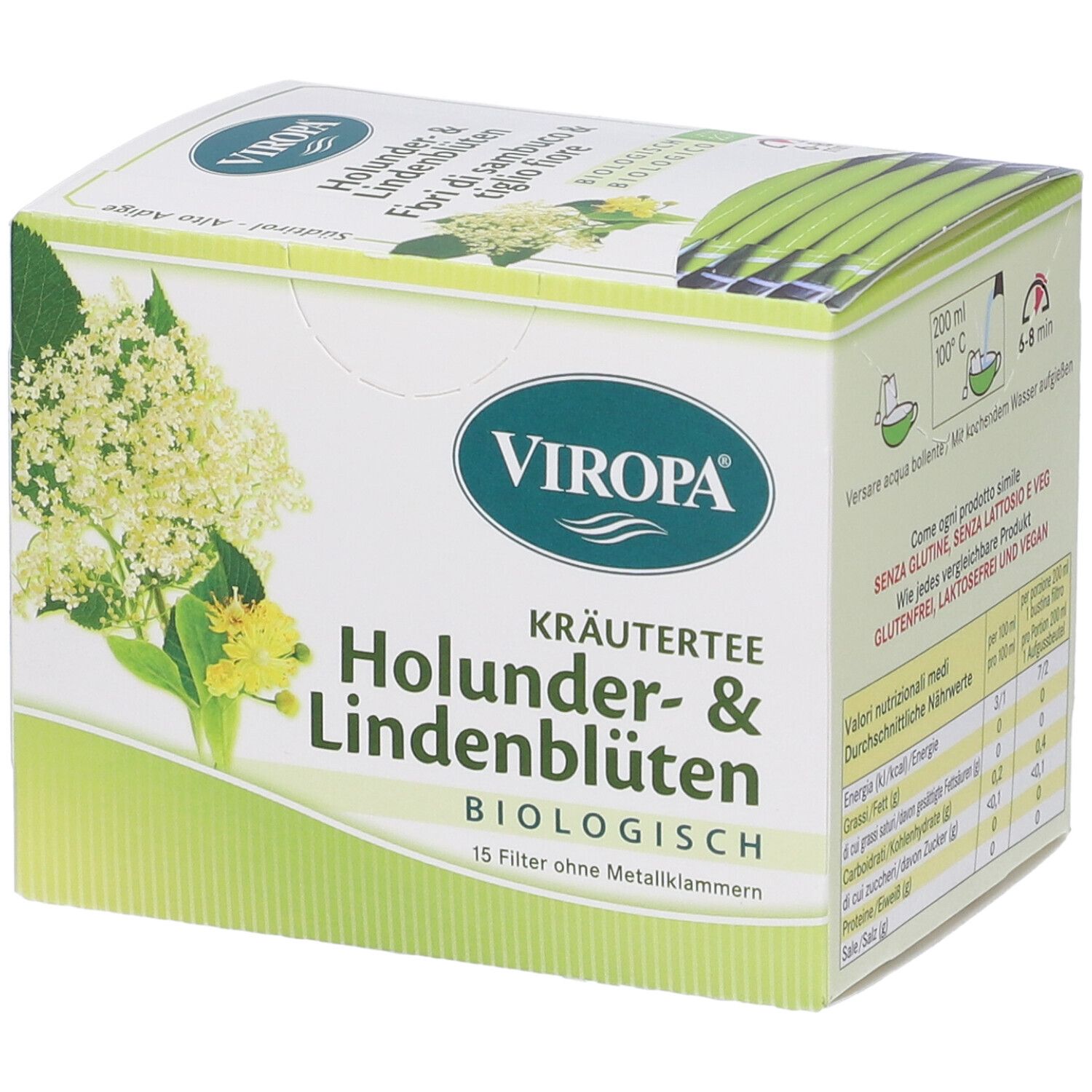 Confezione in cartone VIROPA. Scritta: KRÄUTERTEE Holunder- & Lindenblüten. Sigillo bio. 15 filtri senza punti metallici. Immagine di fiori.