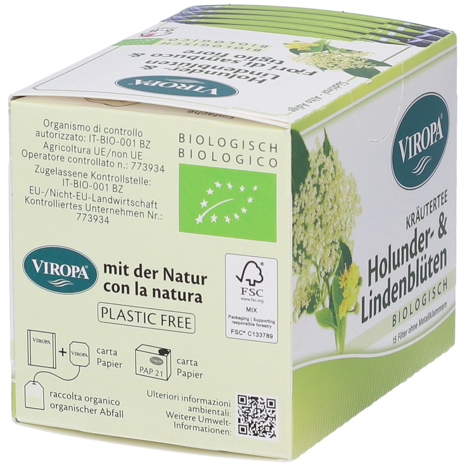 Confezione in cartone VIROPA. Scritta: KRÄUTERTEE Holunder- & Lindenblüten. Sigillo bio. Sigillo FSC. Testo: PLASTIC FREE. Informazioni sullo smaltimento.