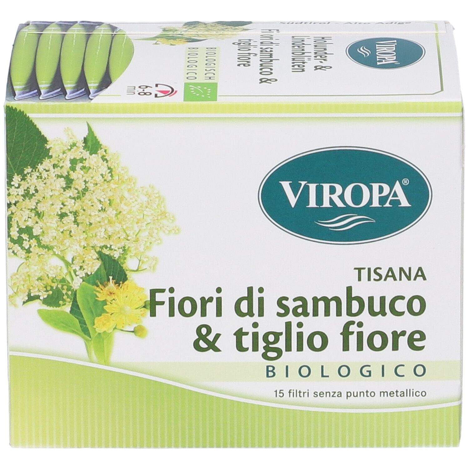 Confezione in cartone VIROPA. Scritta: TISANA FIORI DI SAMBUCO & TIGLIO FIORE. Sigillo bio. 15 filtri senza punto metallico. Immagine di fiori.