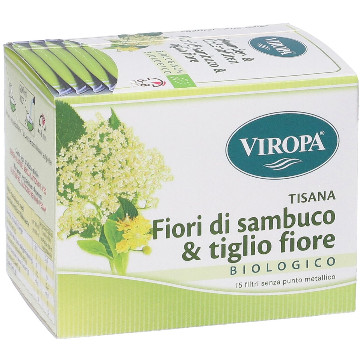 Confezione in cartone VIROPA. Scritta: TISANA FIORI DI SAMBUCO & TIGLIO FIORE. 15 filtri senza punto metallico. Immagine di fiori.