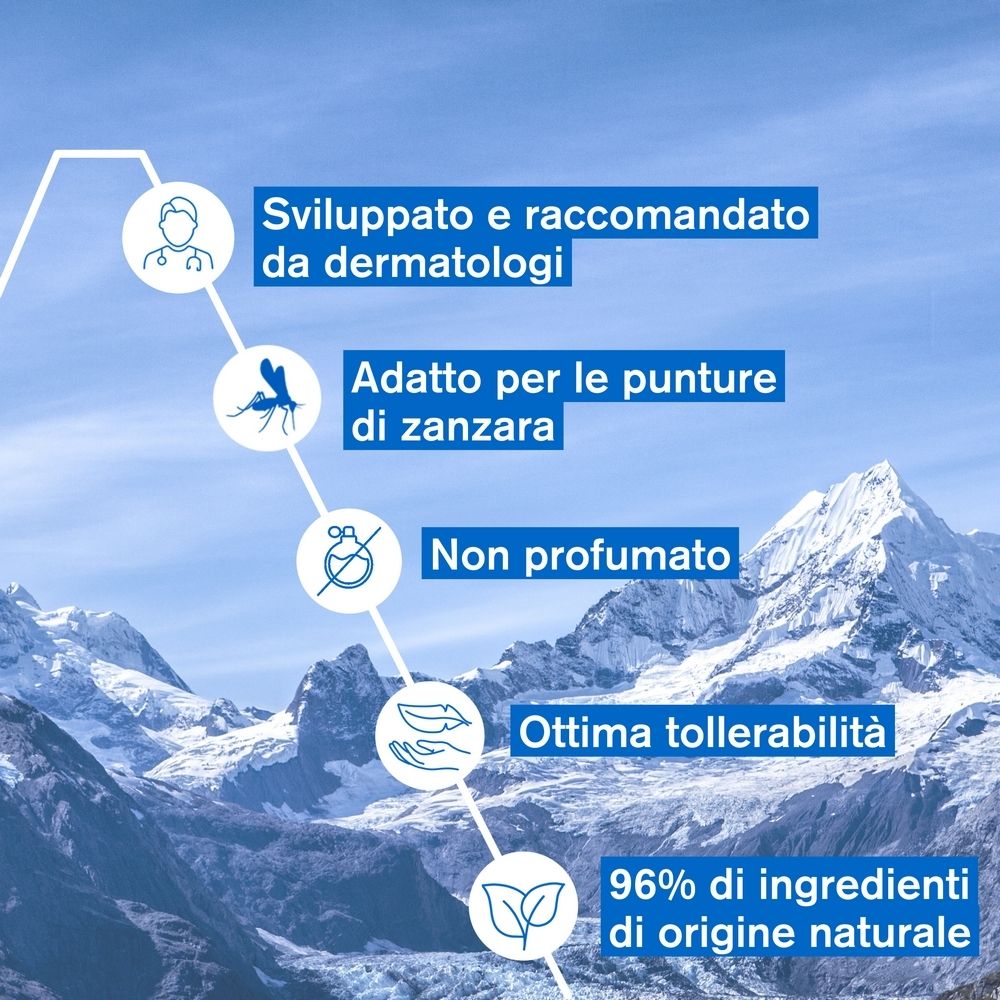 Grafica con testo: Sviluppato e raccomandato dai dermatologi. Adatto alle punture di zanzara. Senza profumo. Ottima tollerabilità.