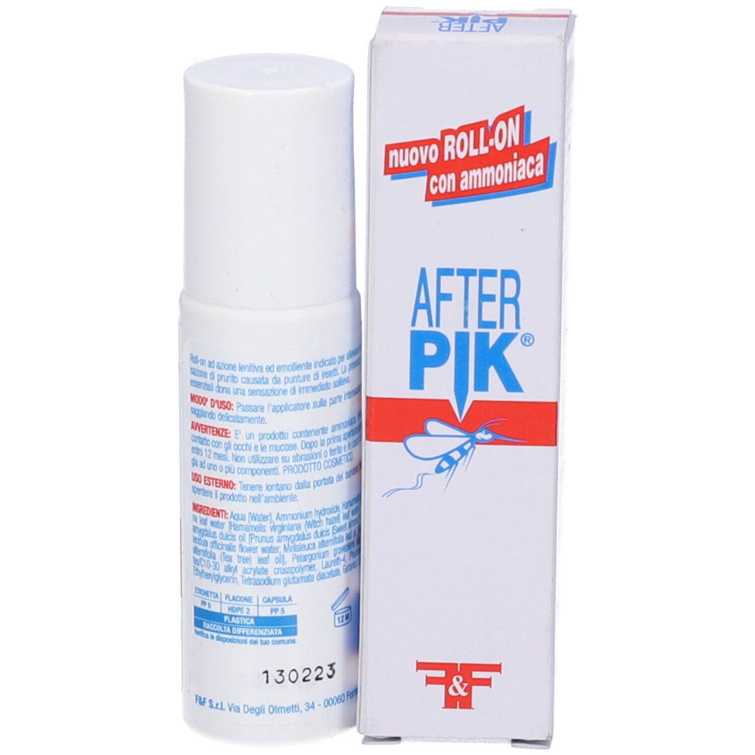 Roll-on bianco con scritte blu e rosse. Scatola con nome e ingredienti. 20 ml.