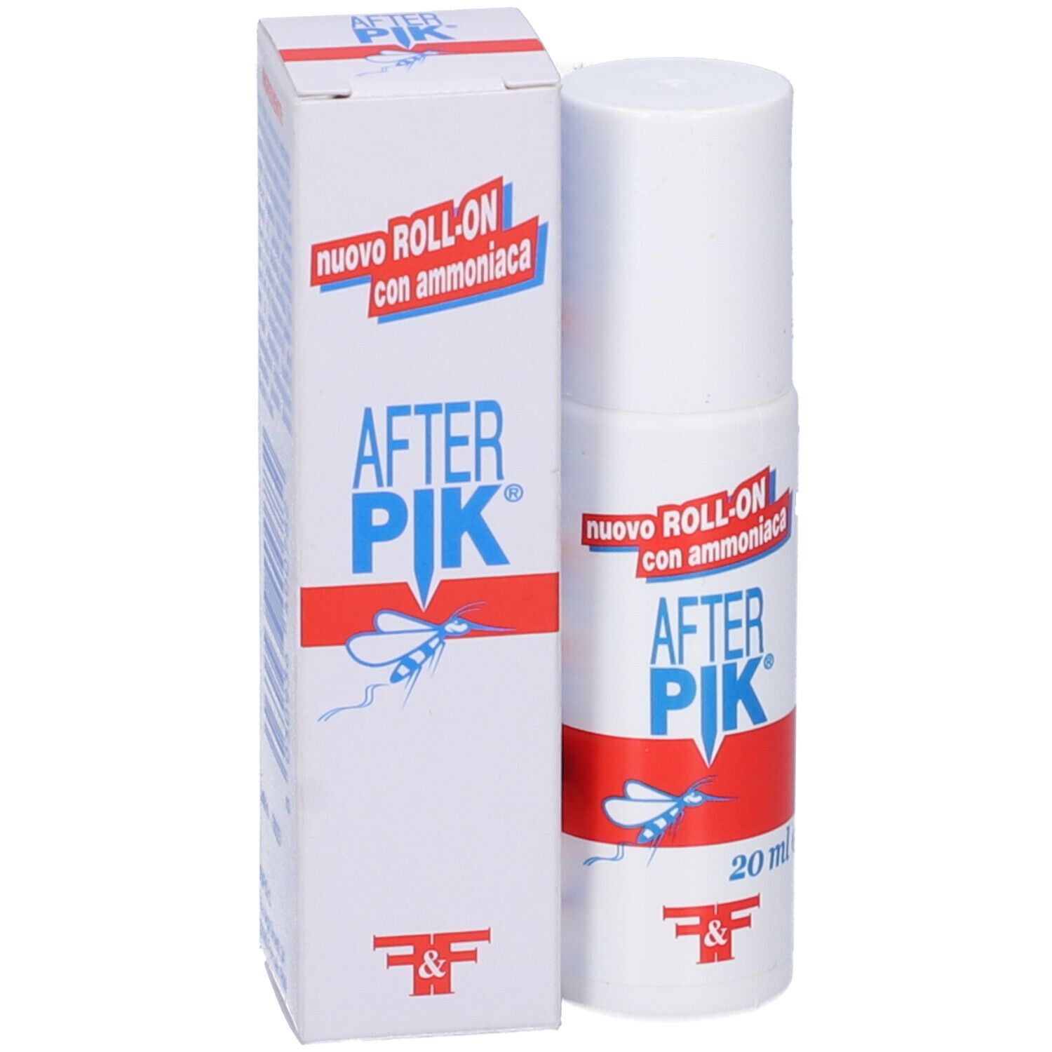 Roll-on bianco con scritte blu e rosse. Scatola con nome e ingredienti. 20 ml.