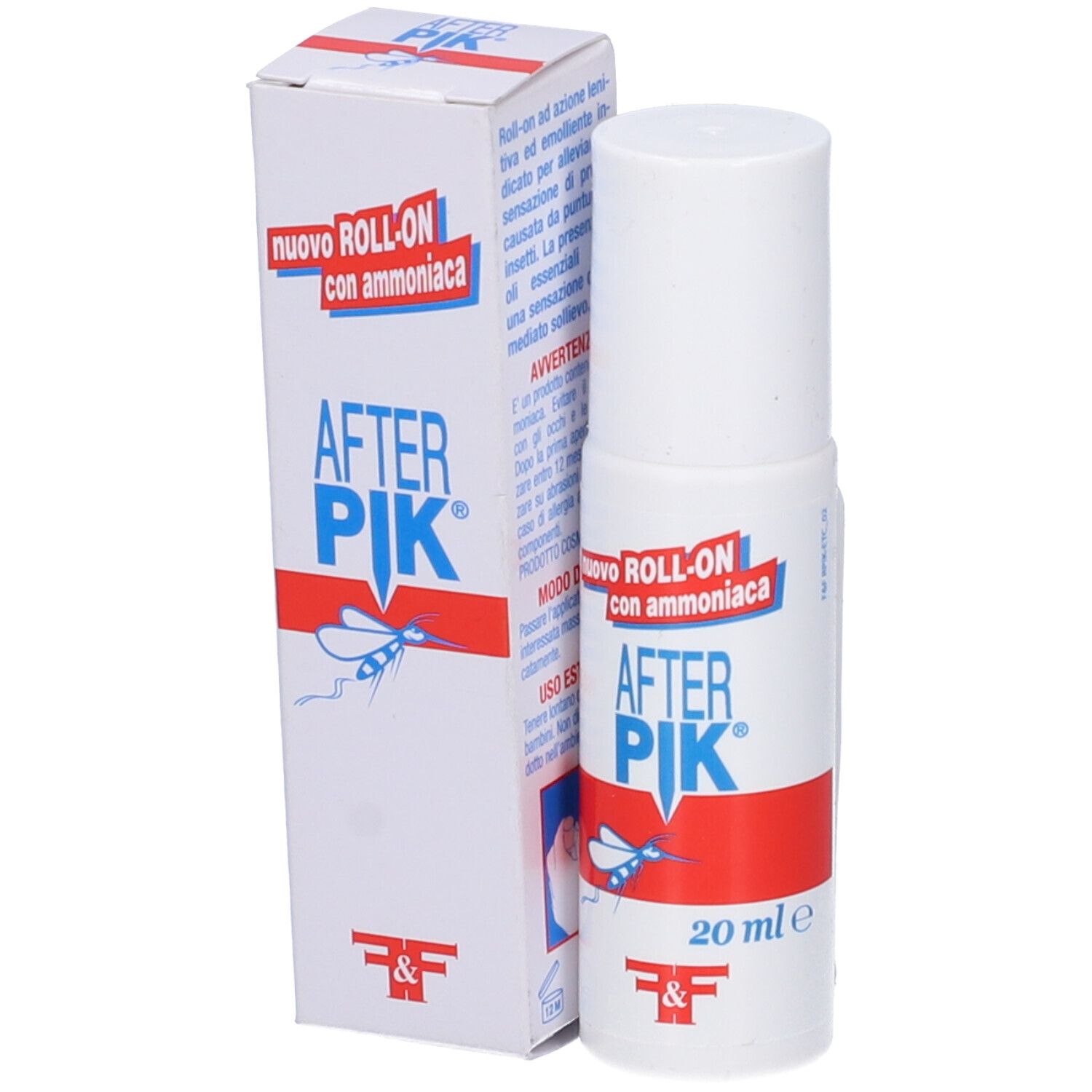 Roll-on bianco con scritte blu e rosse. Scatola con nome e ingredienti. 20 ml.